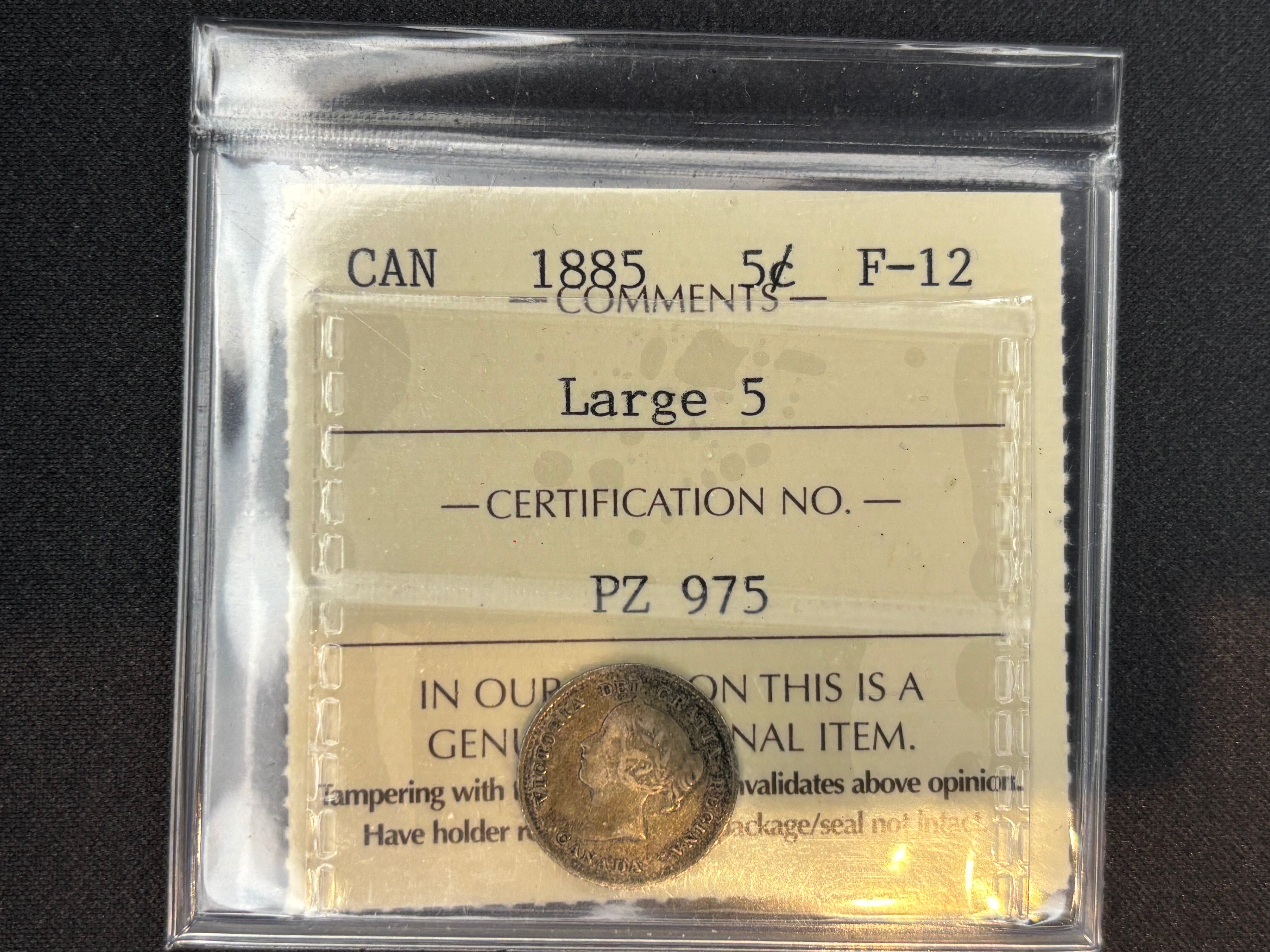 Canadian Silver Coin - 5 cents - 1885 Large 5 - F12 ICCS