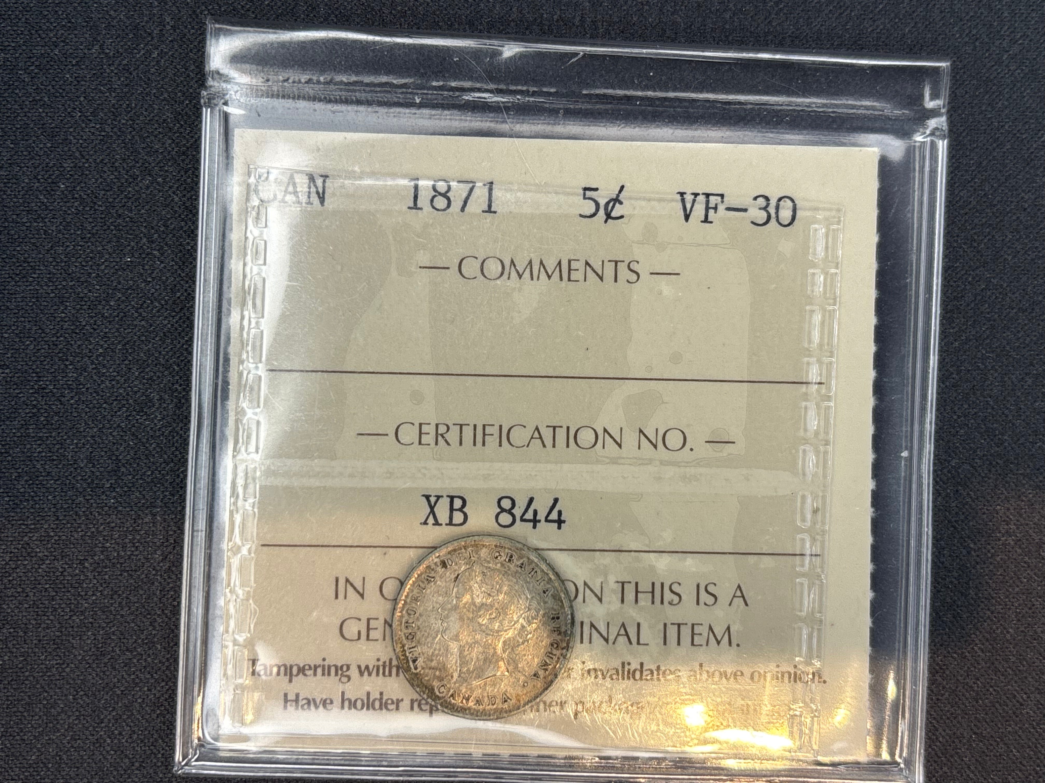 Canadian Silver Coin - 5 cents - 1871 - VF30 ICCS