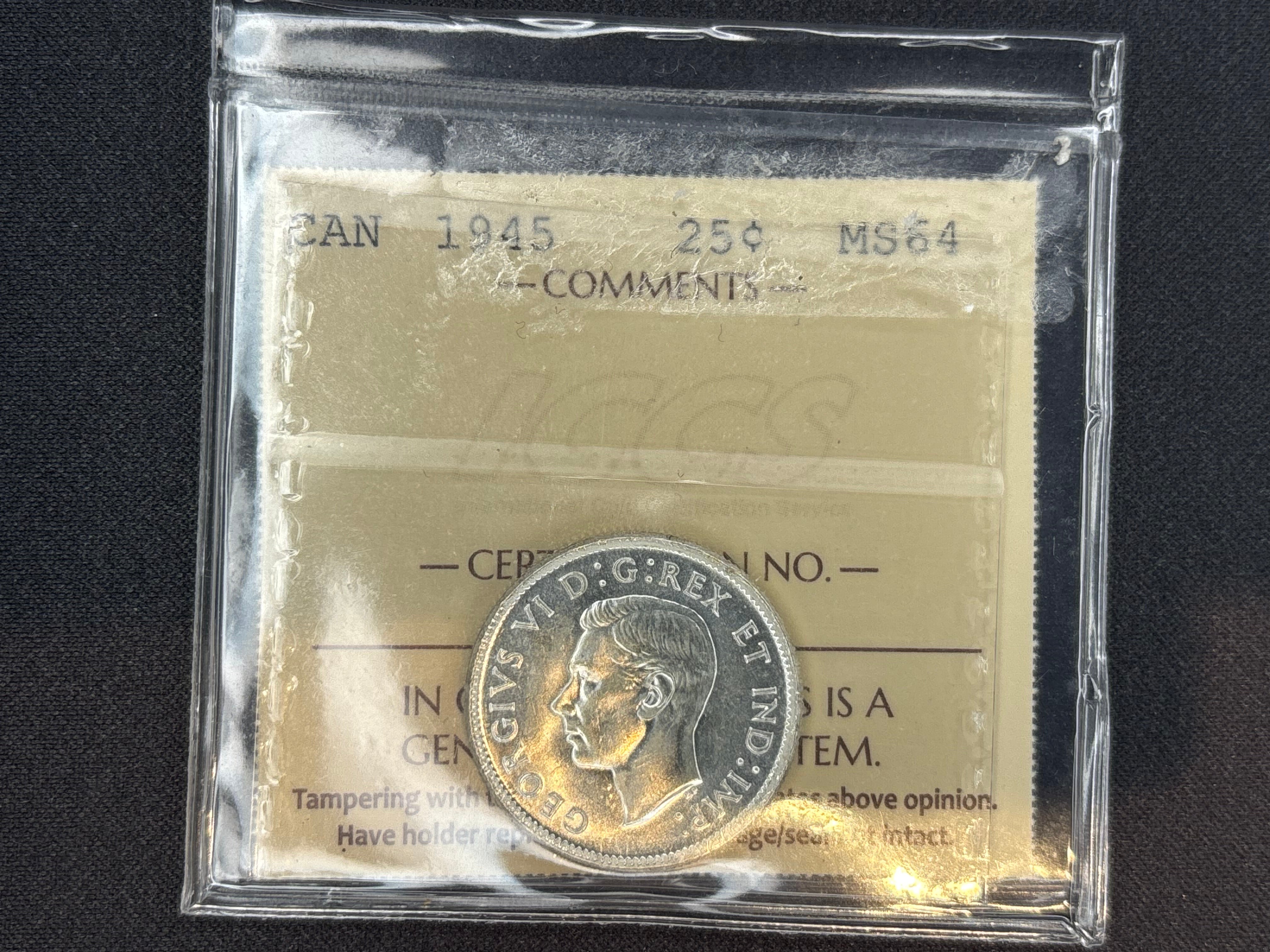 Canadian Silver Coin - 25 cents - 1945 MS64 Whiteblast ICCS