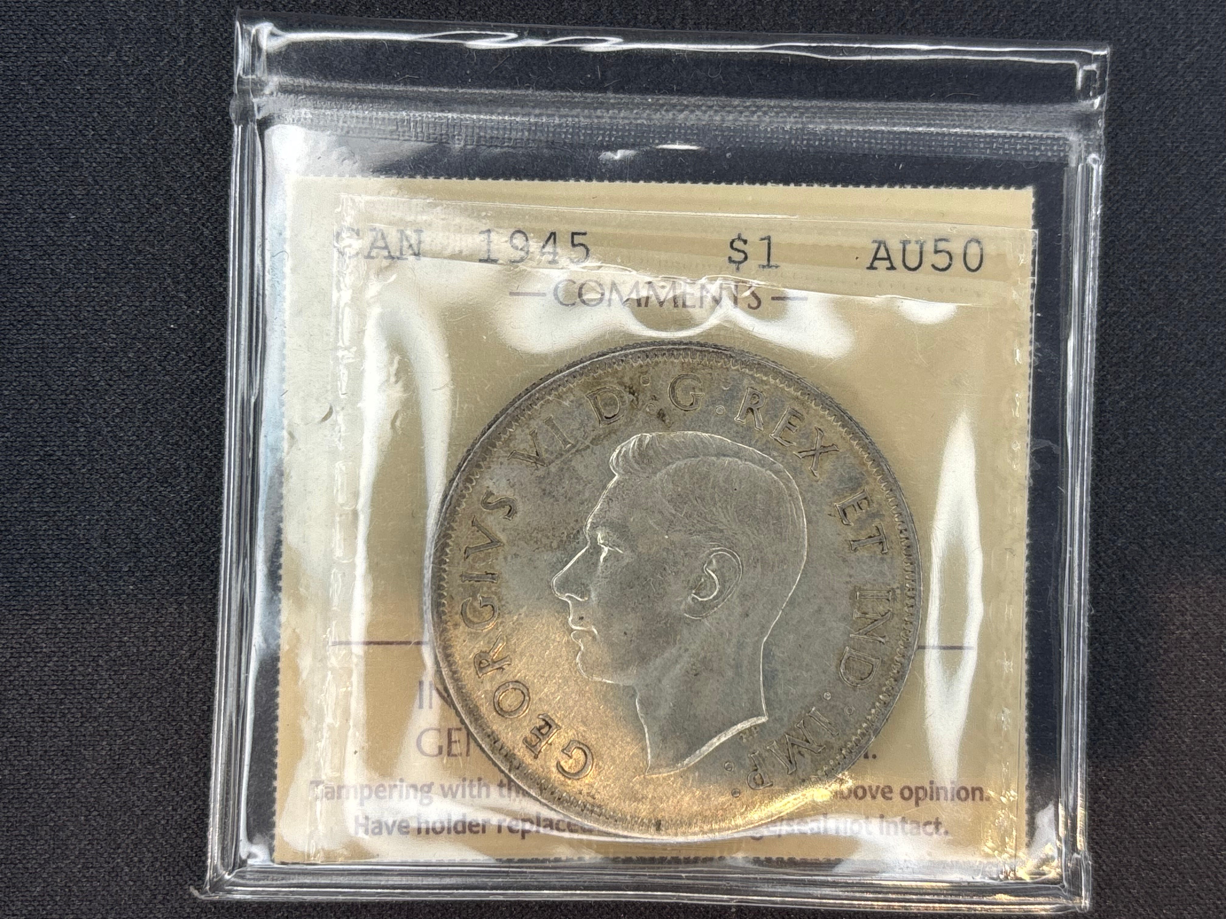 Canadian Silver Coin - Dollar - 1945 5-5 AU50 ICCS