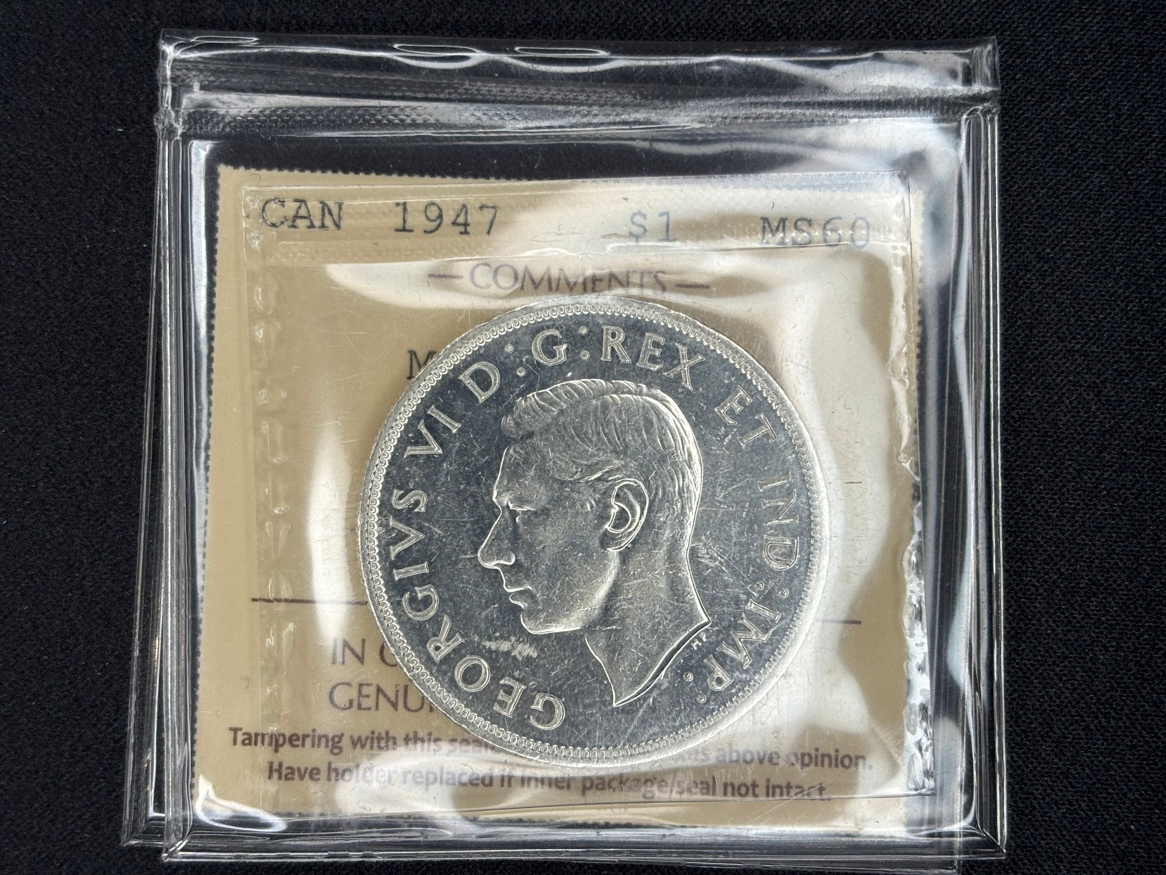 Canadian Silver Coin - Dollar - 1947 Maple Leaf - MS60 ICCS