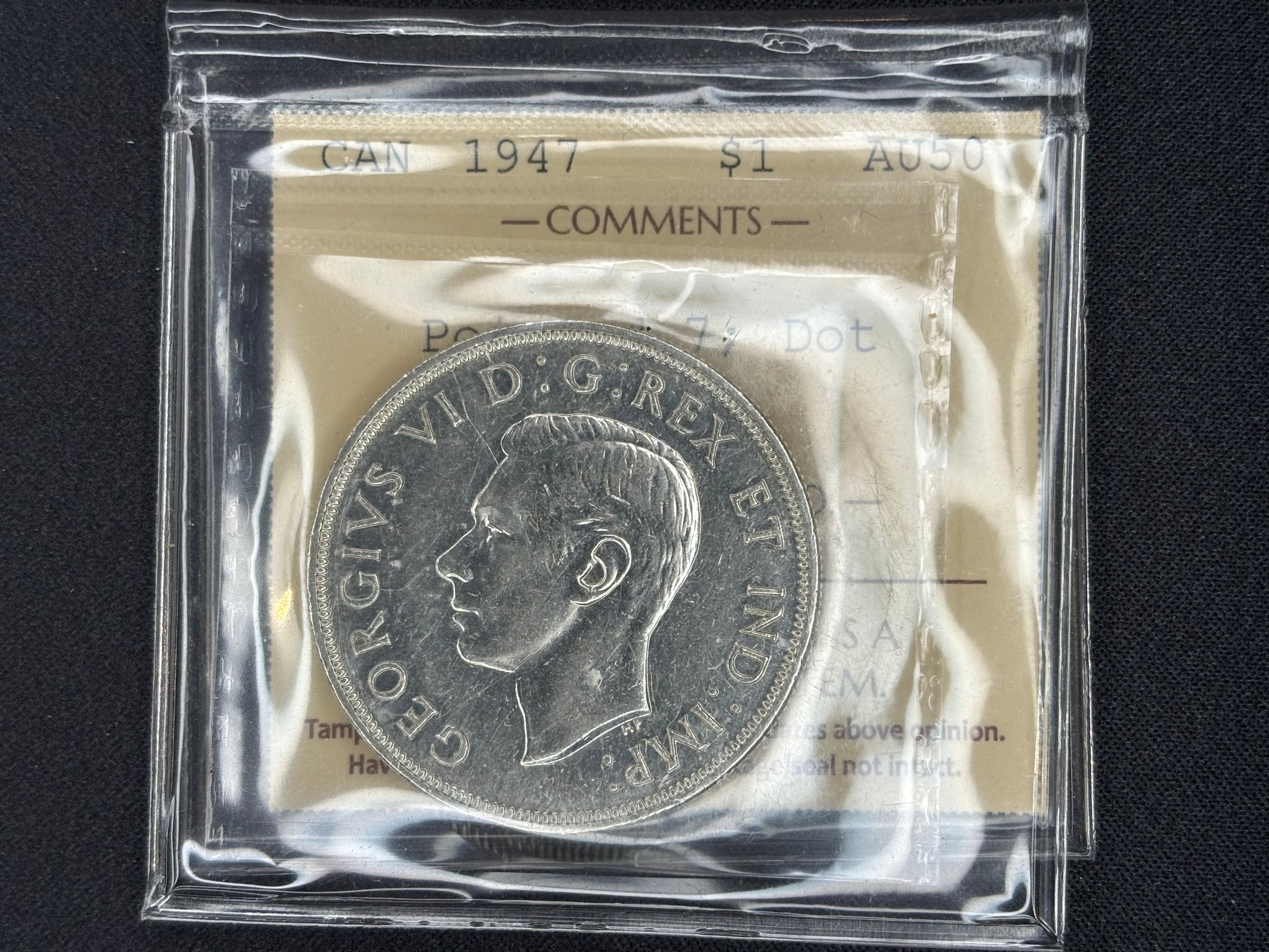 Canadian Silver Coin - Dollar - 1947 Pointed 7 Dot - AU50 ICCS