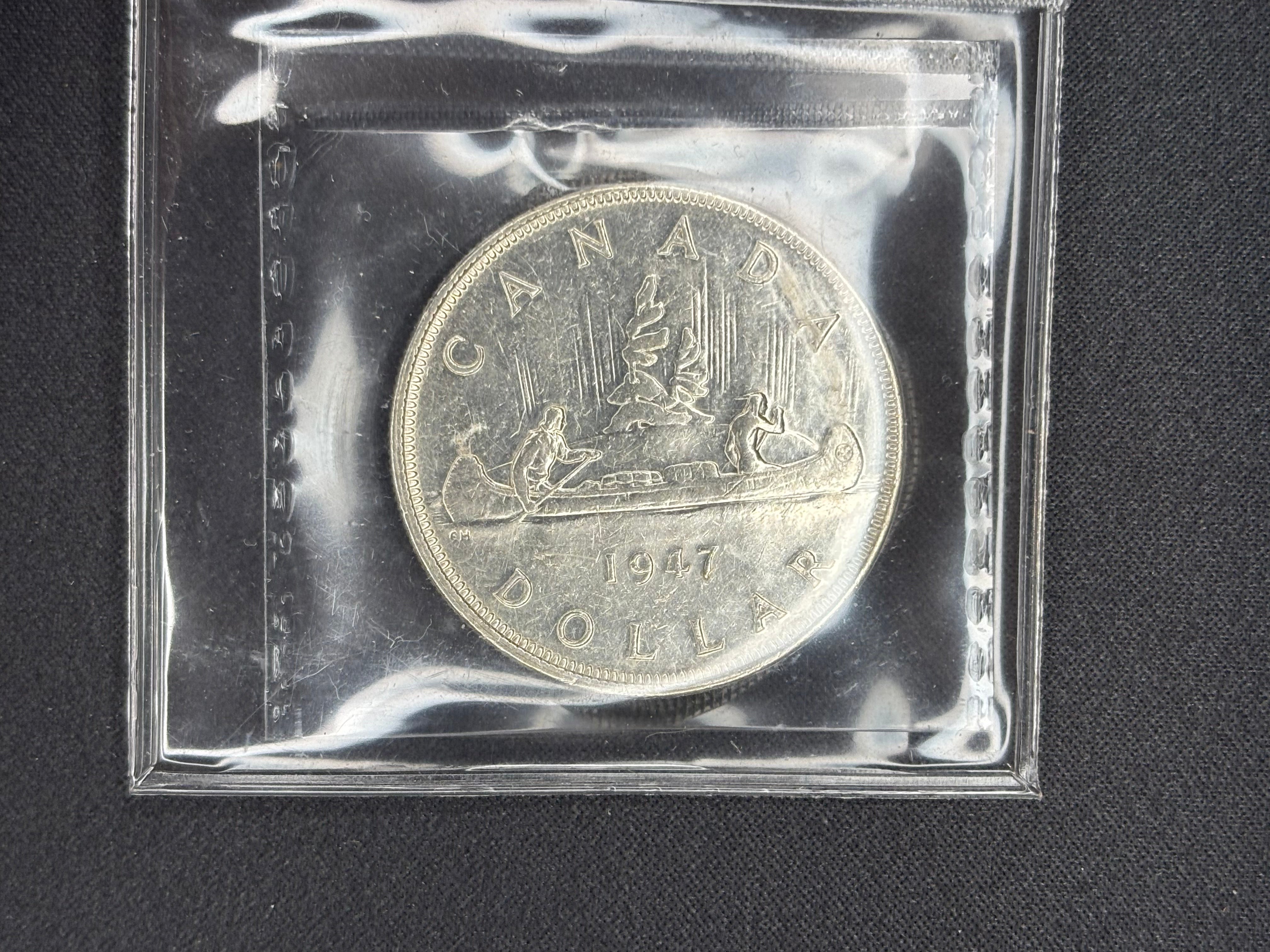 Canadian Silver Coin - Dollar - 1947 Pointed 7 Dot - AU50 ICCS