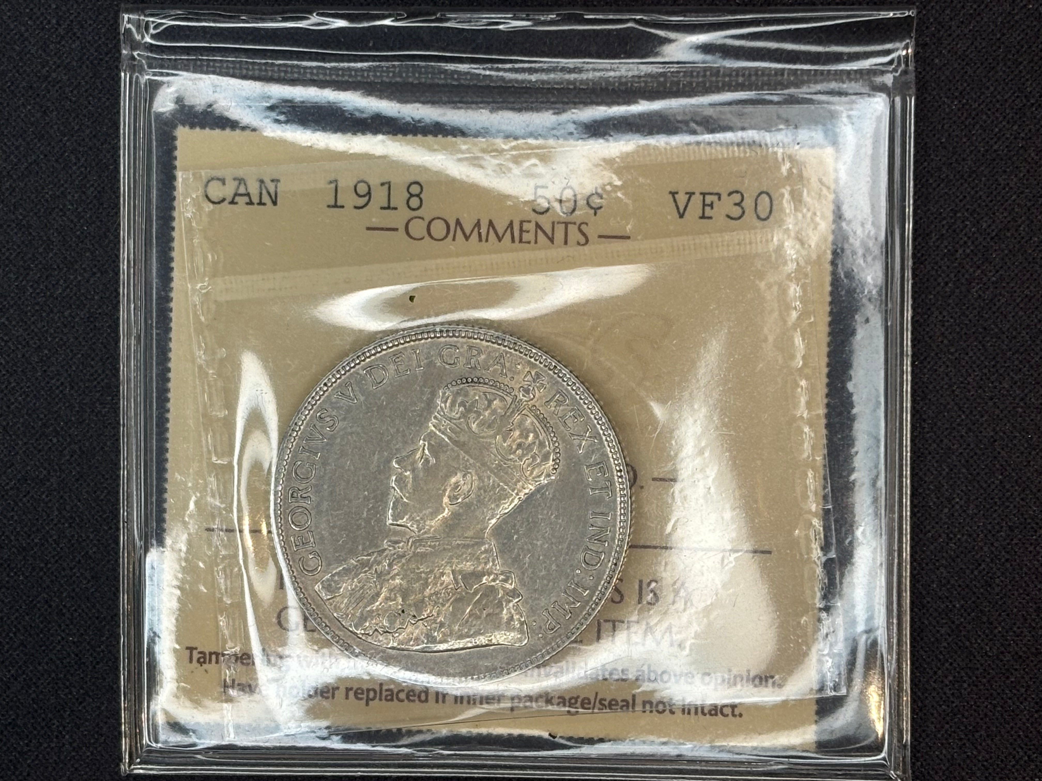 Canada Silver Coin - 50 cents - 1918 VF30 ICCS