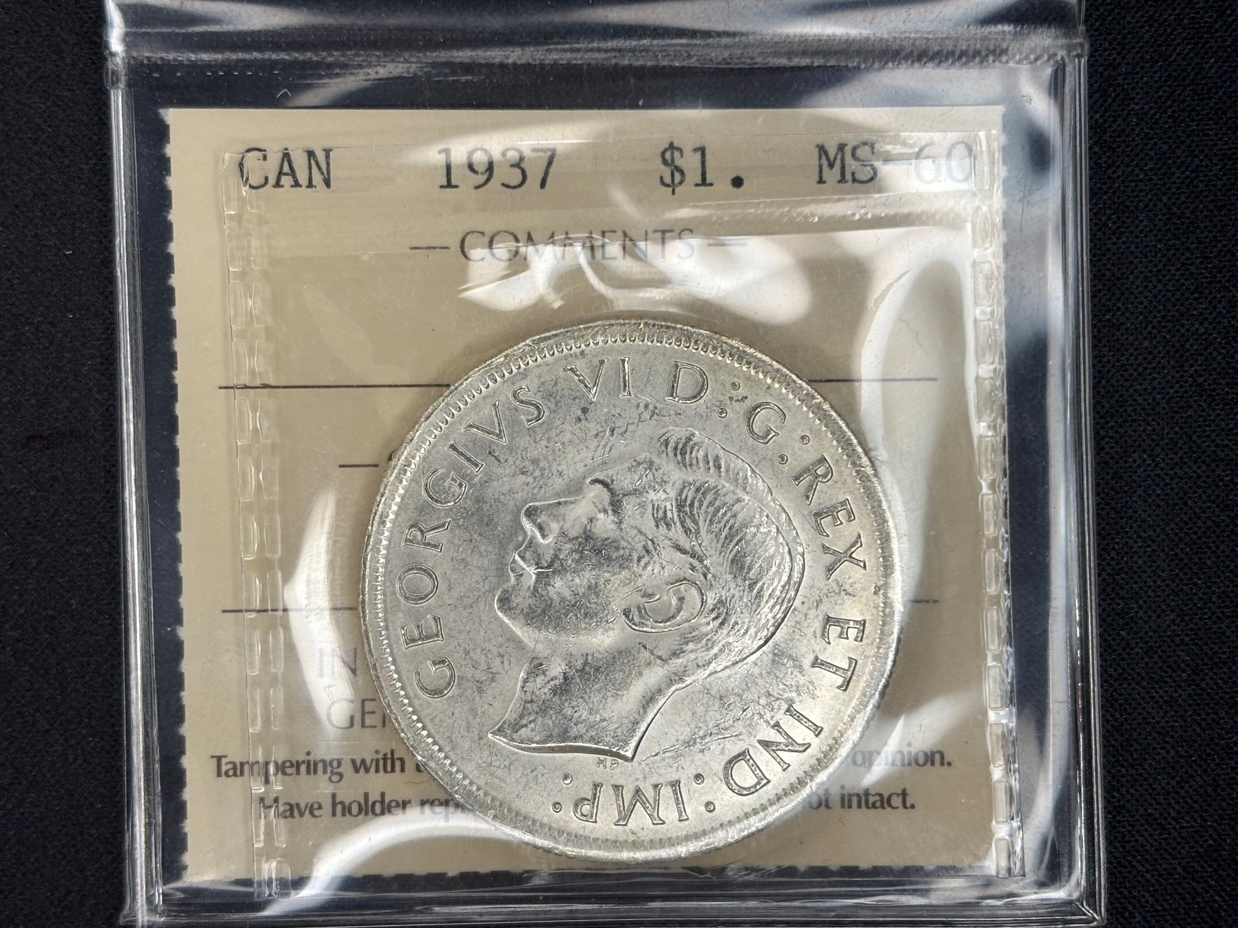 Canadian Silver Coin - Dollar - 1937 ICCS MS60