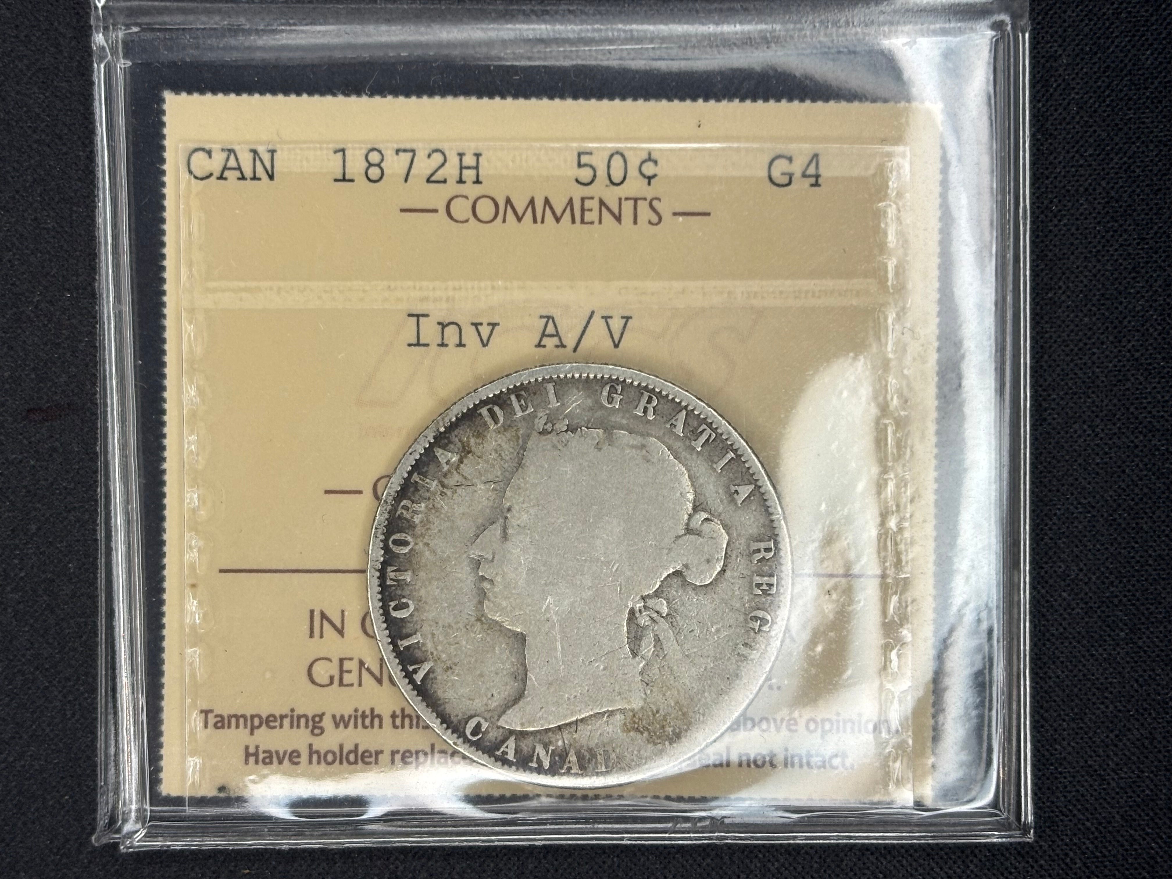 Scarce Canadian Silver Coin - 50 cents - 1872 A/V - ICCS G4
