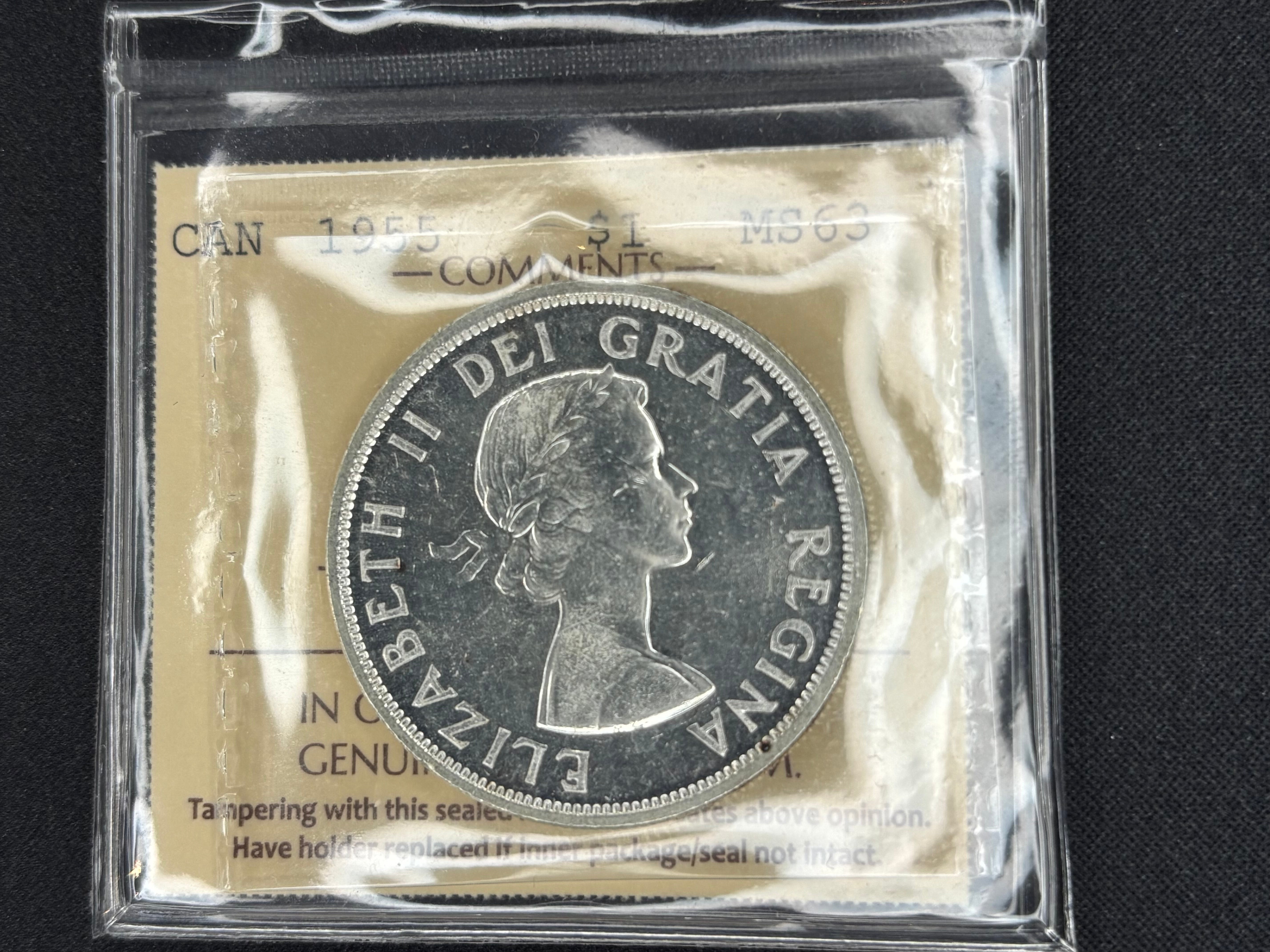 Canadian Silver Coin - Dollars - 1955 Arn MS63 ICCS