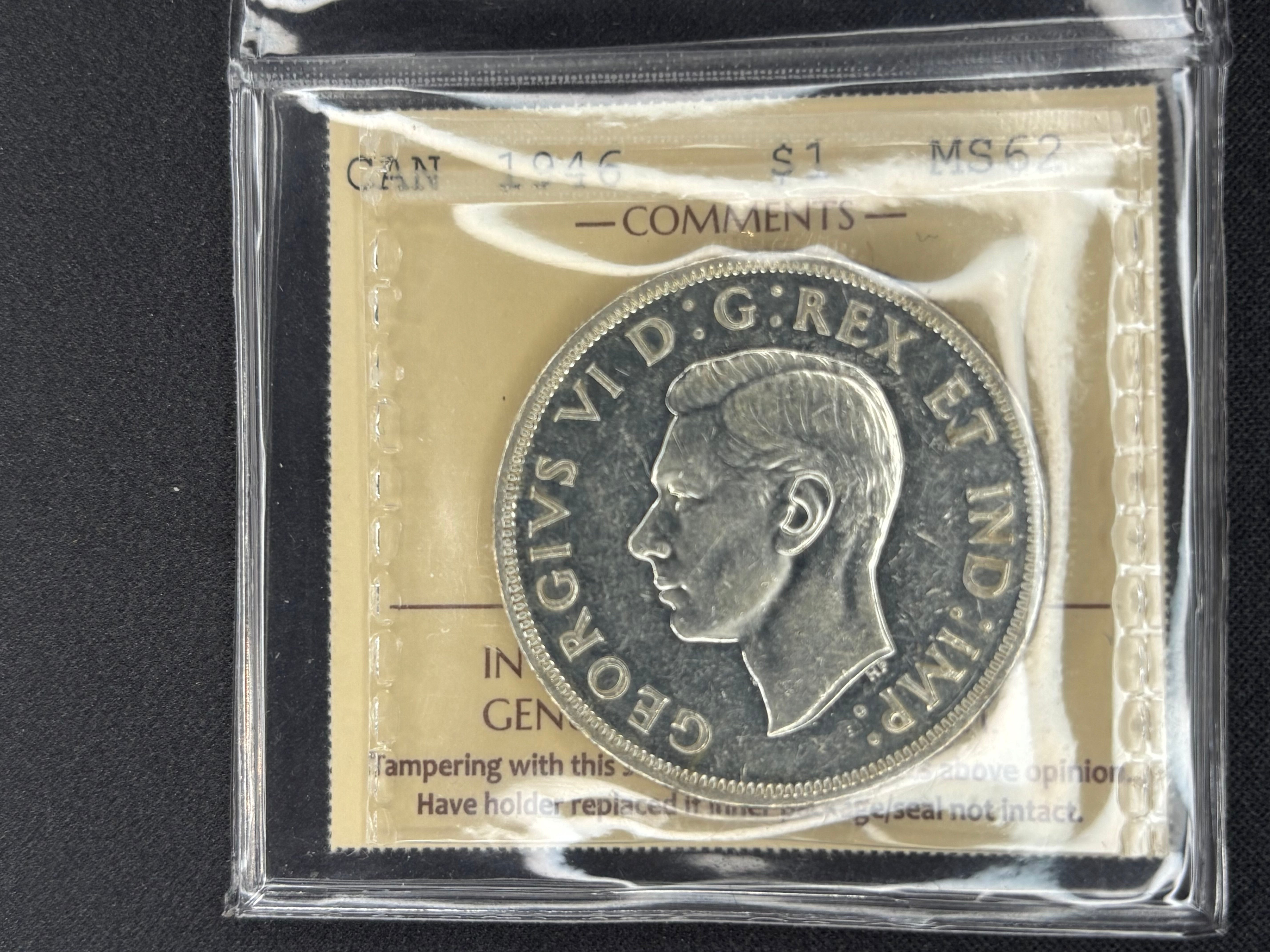 Canadian Silver Coin - Dollars - 1946 DoubleHp MS62 ICCS