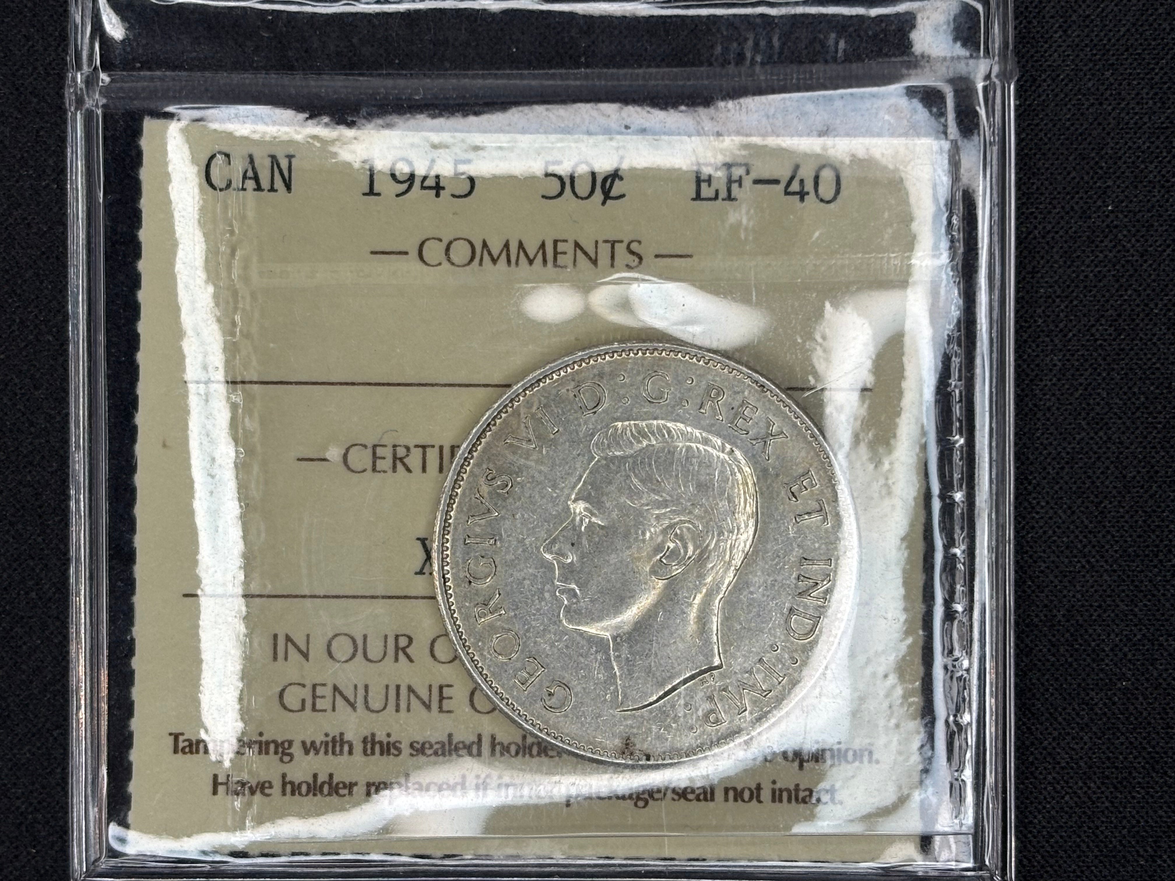 Canadian Silver Coin - 50 cents - 1945 EF40 ICCS