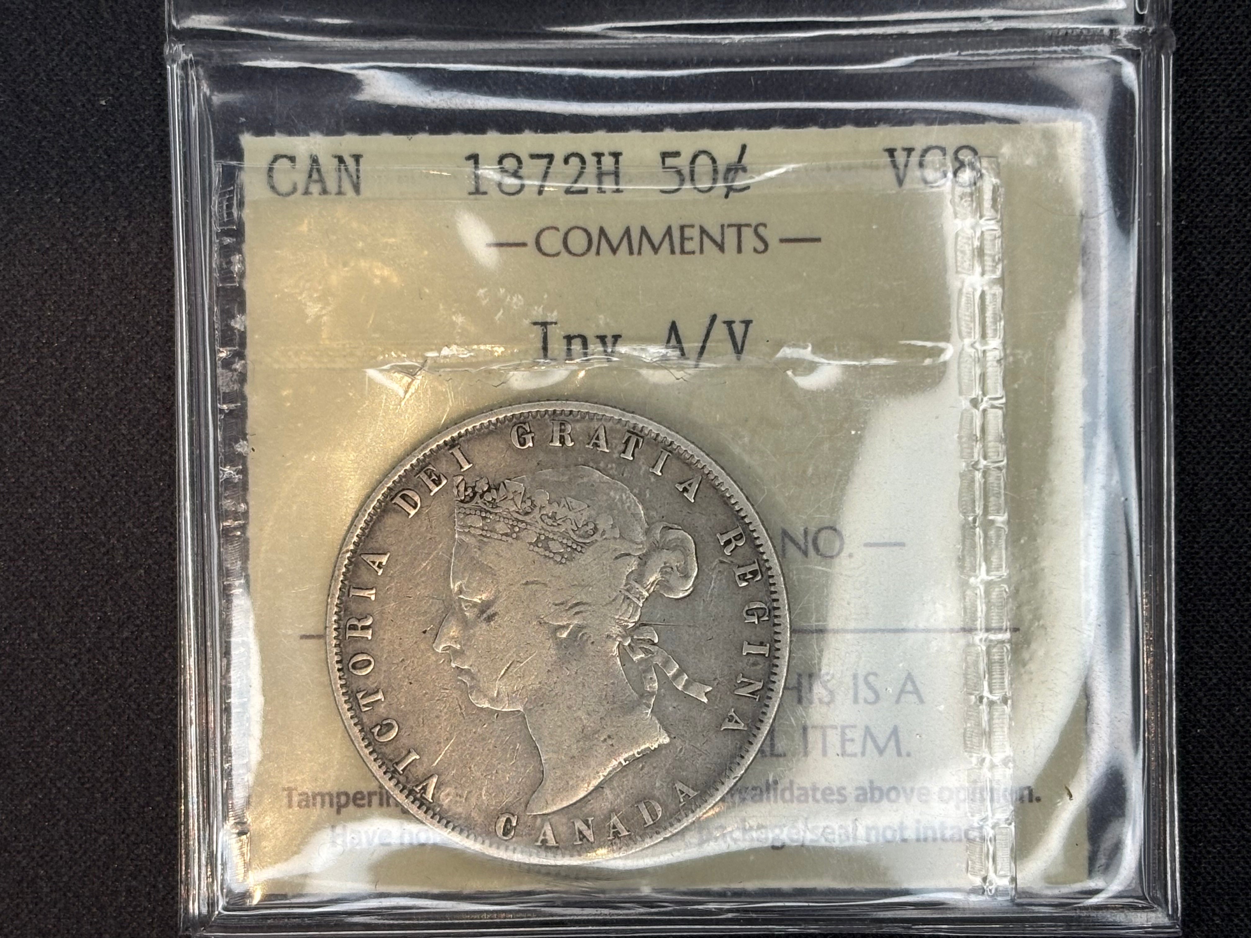 Scarce Canadian Silver Coin - 50 cents - 1872 A/V - VG8 ICCS