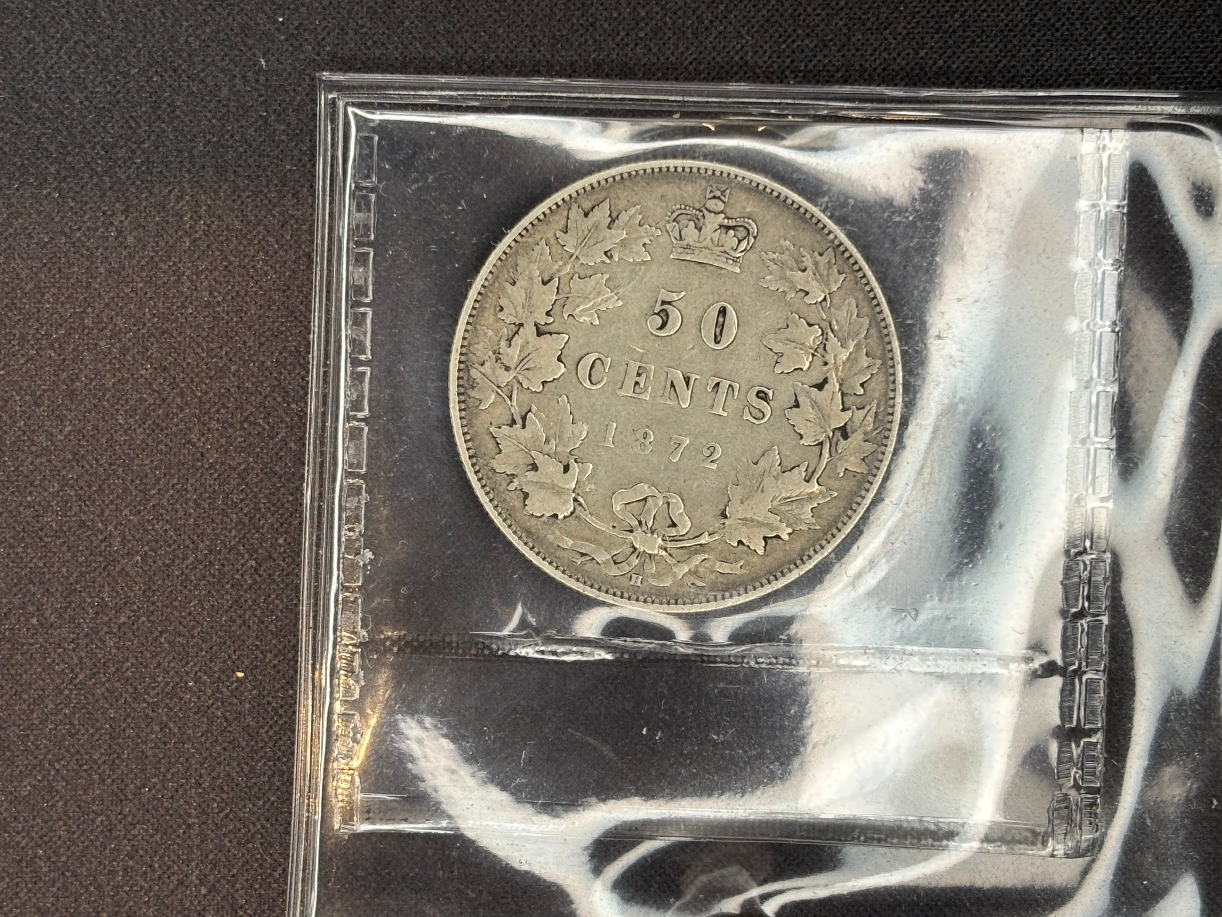 Scarce Canadian Silver Coin - 50 cents - 1872 A/V - VG8 ICCS