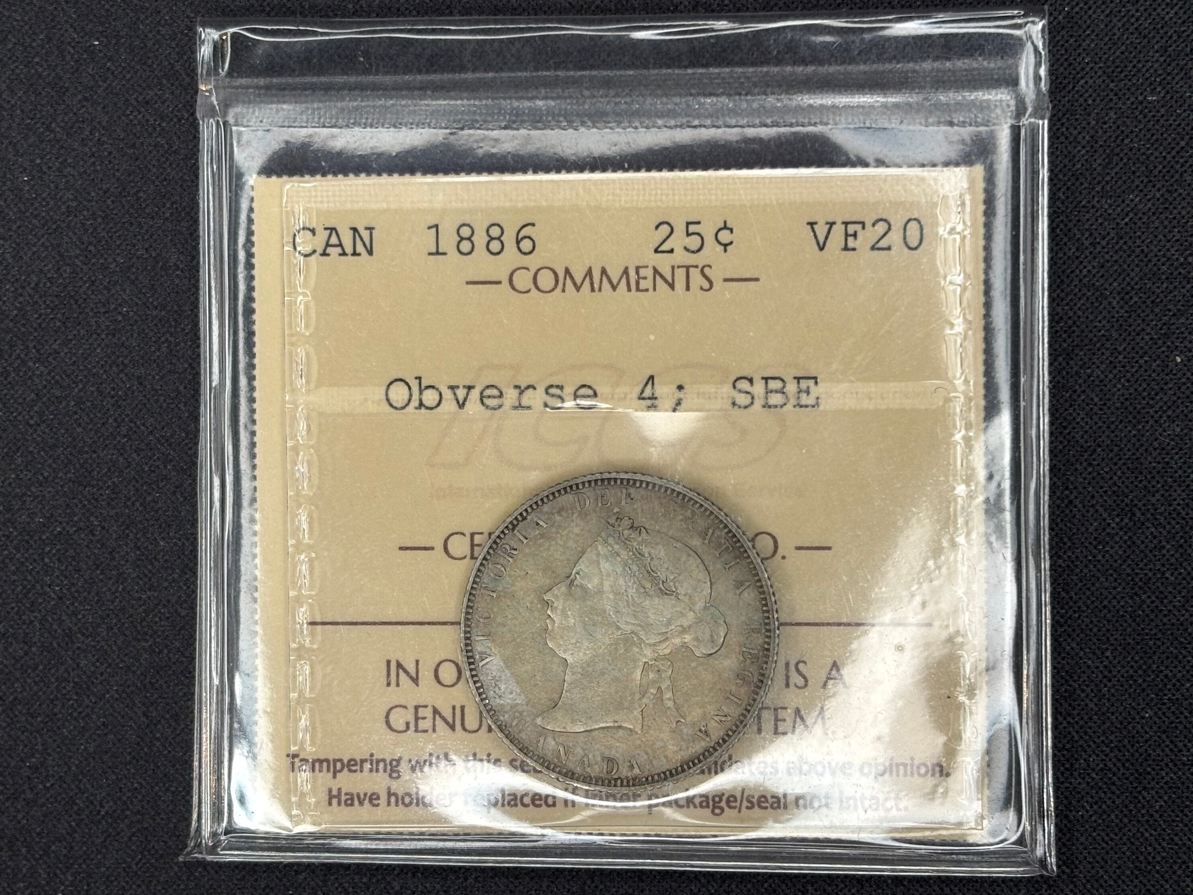 Canadian Silver Coin - 25 cents - 1886 Obv4;SBE - VF20 ICCS
