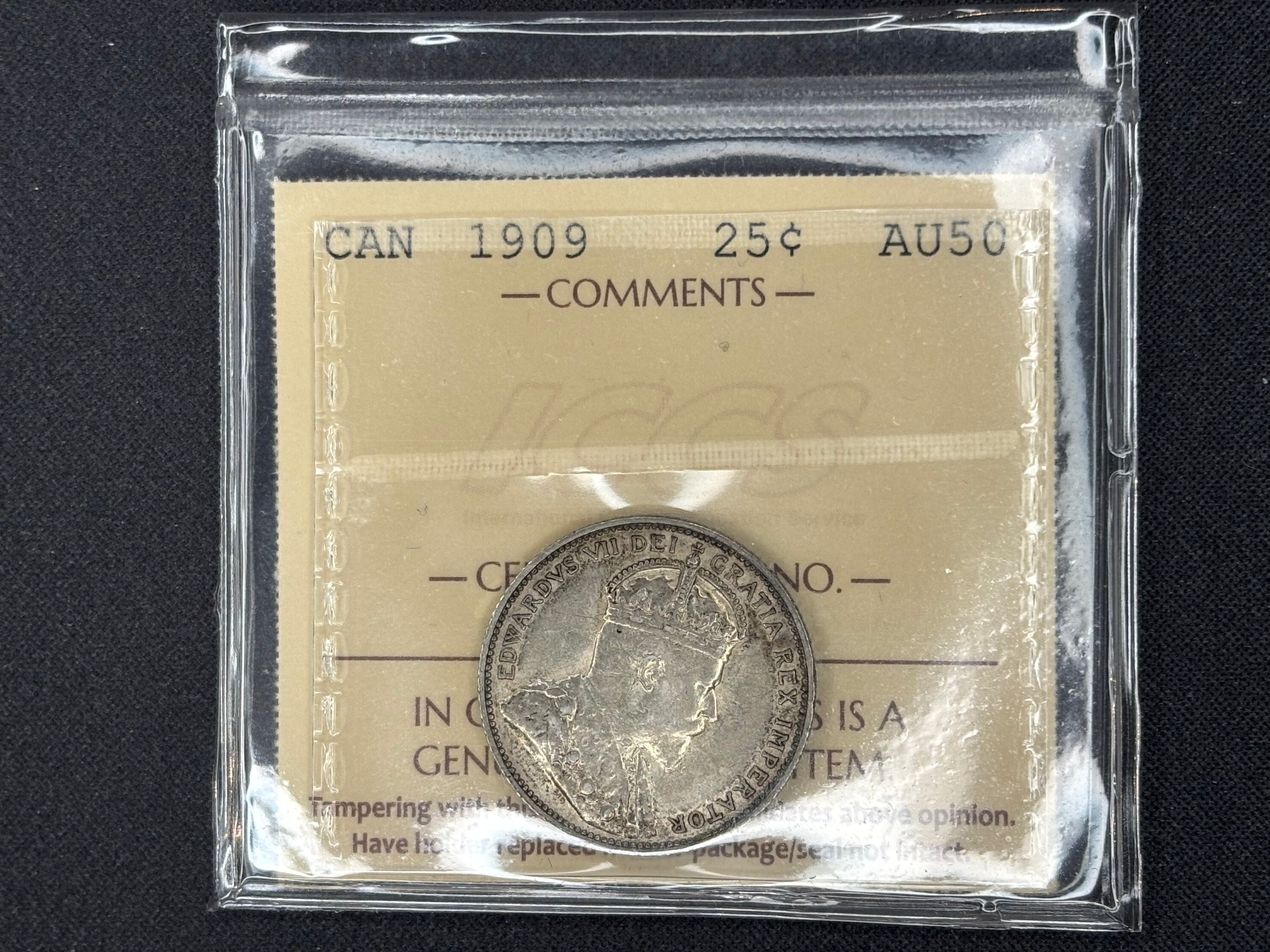 Canadian Silver Coin - 25 cents - 1909 AU50 ICCS
