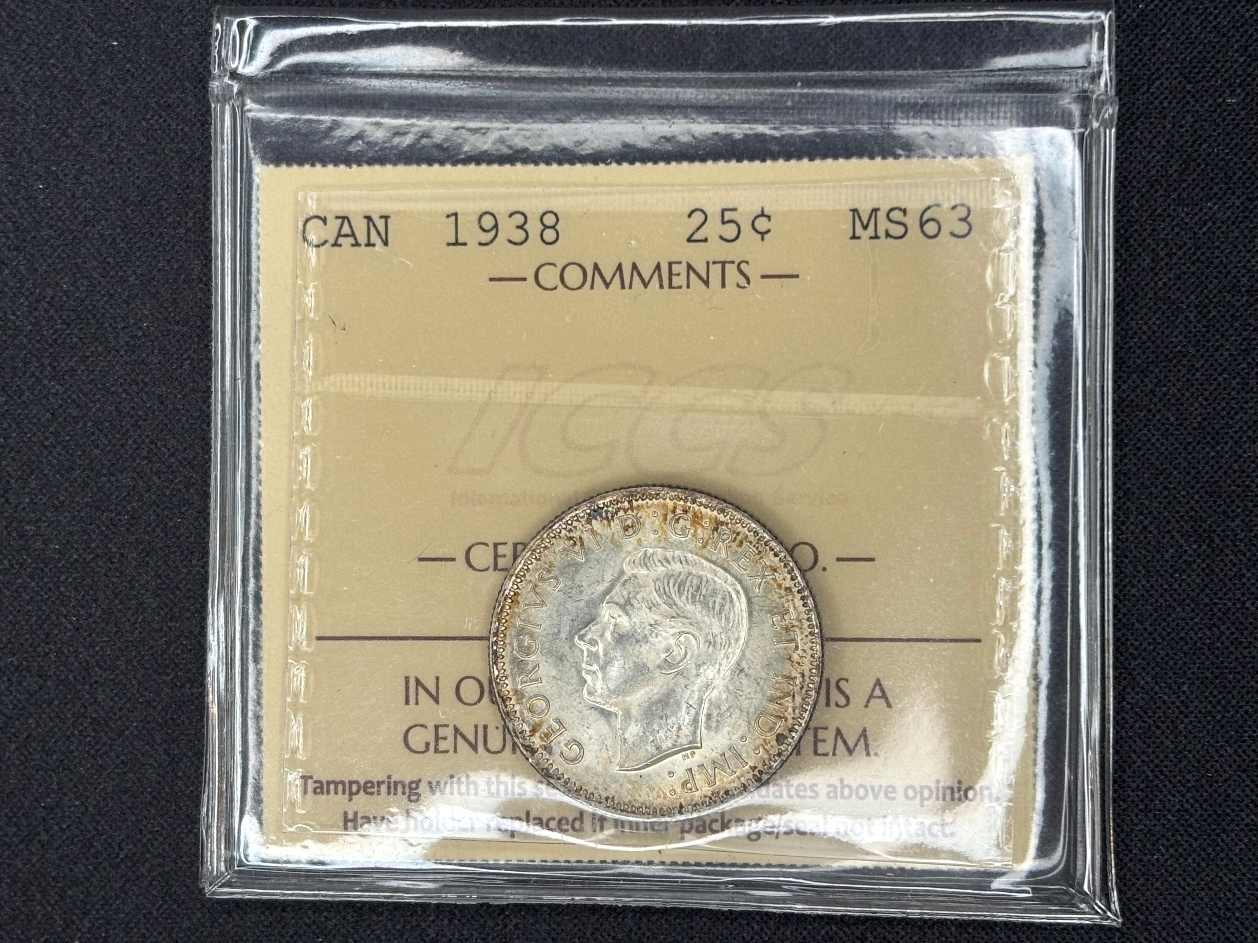 Canadian Silver Coin - 25 cents - 1938 MS63 ICCS