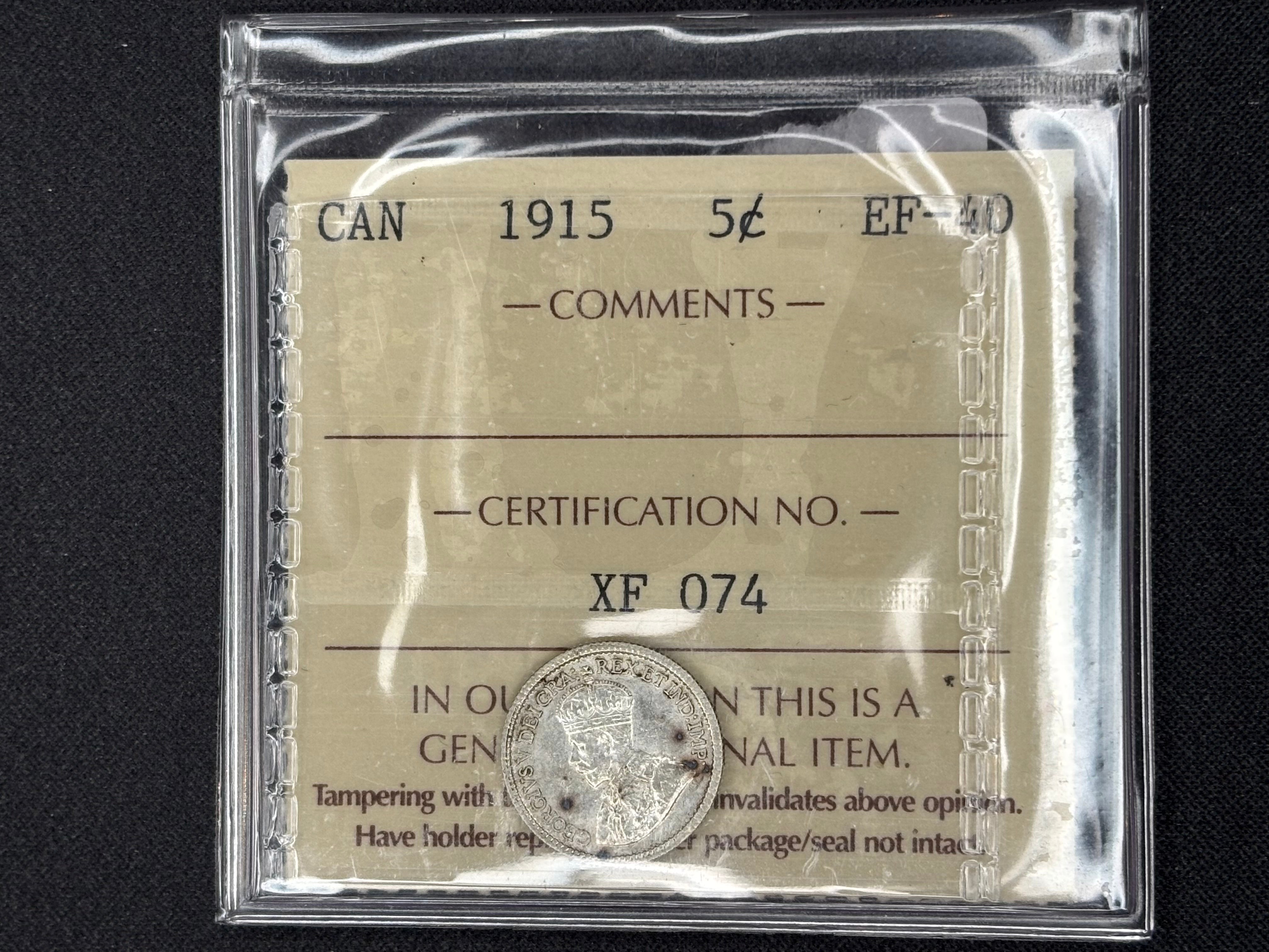 Canadian Silver Coin - 5 cents - 1915  - EF40 ICCS