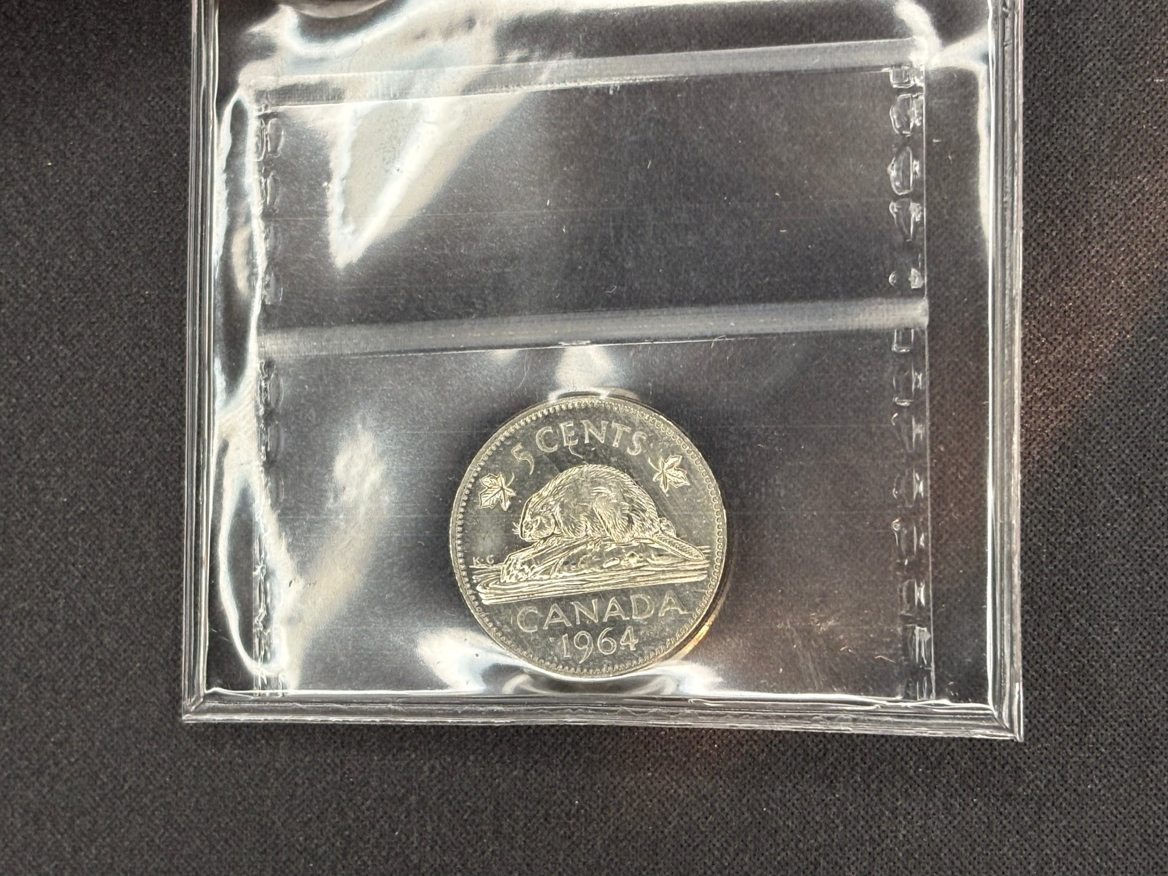 Key date Canadian Nikel Coin - 5 cents - 1964 Extra Waterline Cameo  - MS63 ICCS
