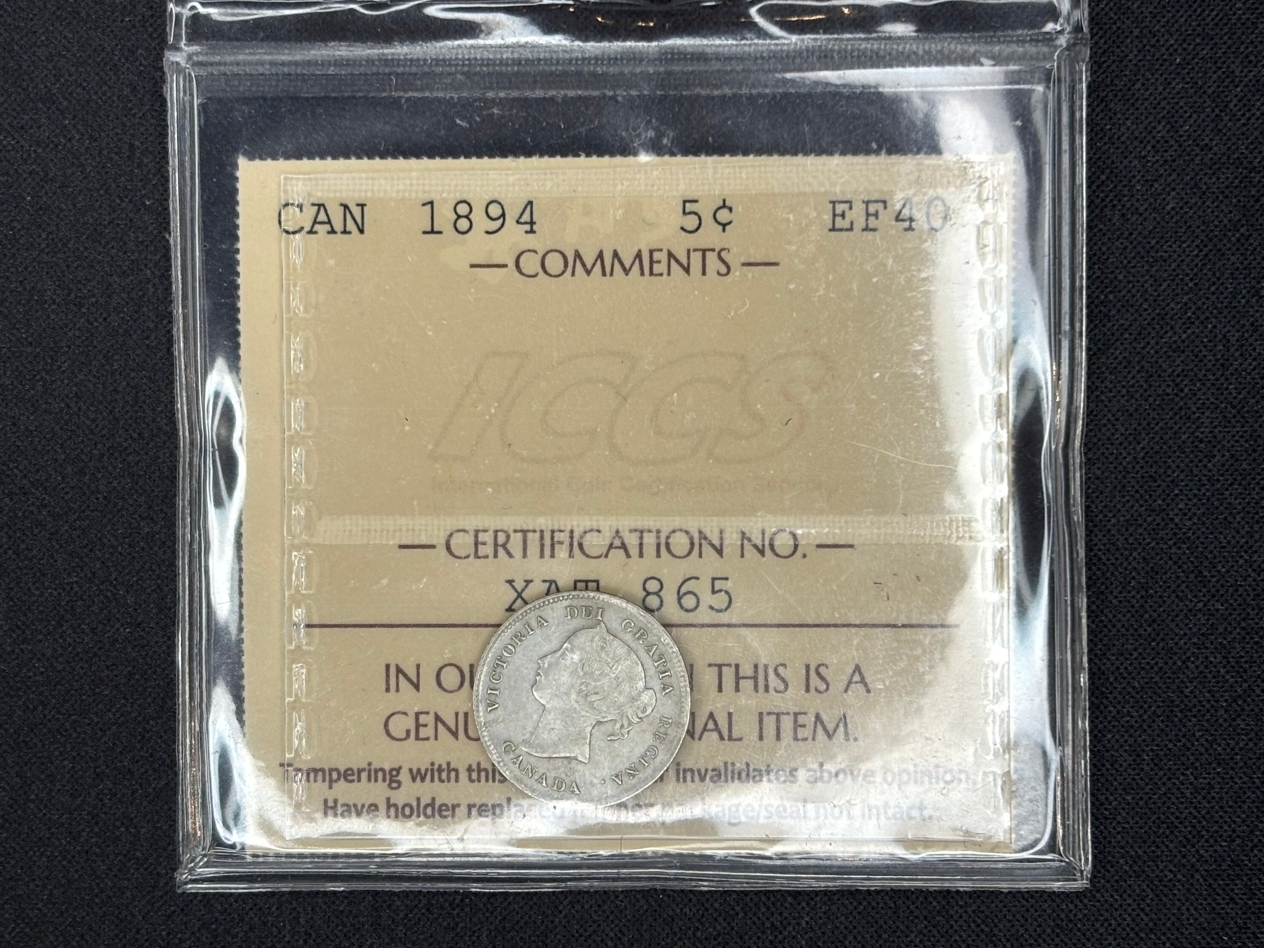 Canadian Silver Coin - 5 cents - 1894  - EF40 ICCS