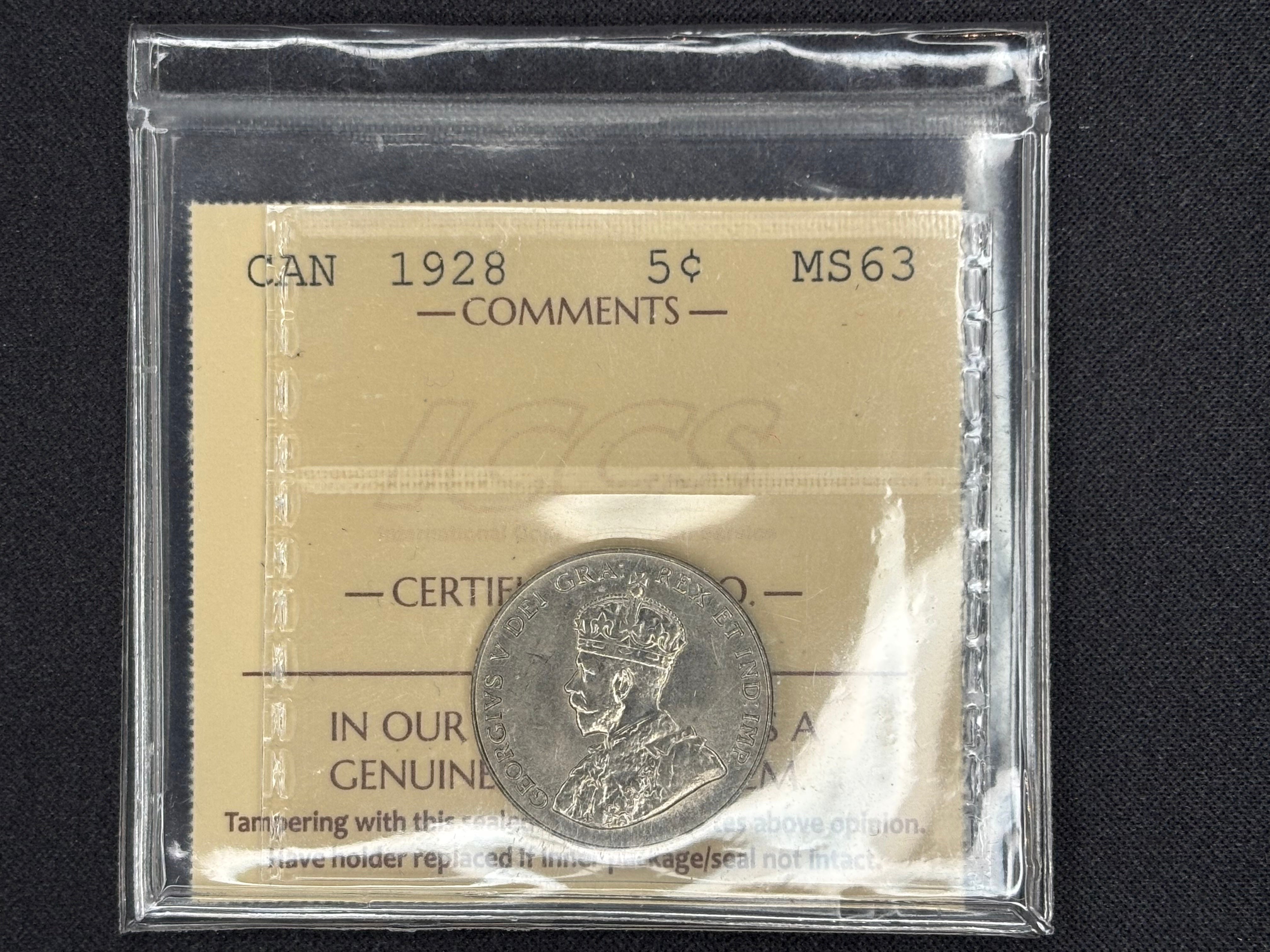 Canadian Nikel Coin - 5 cents - 1928  - MS63 ICCS