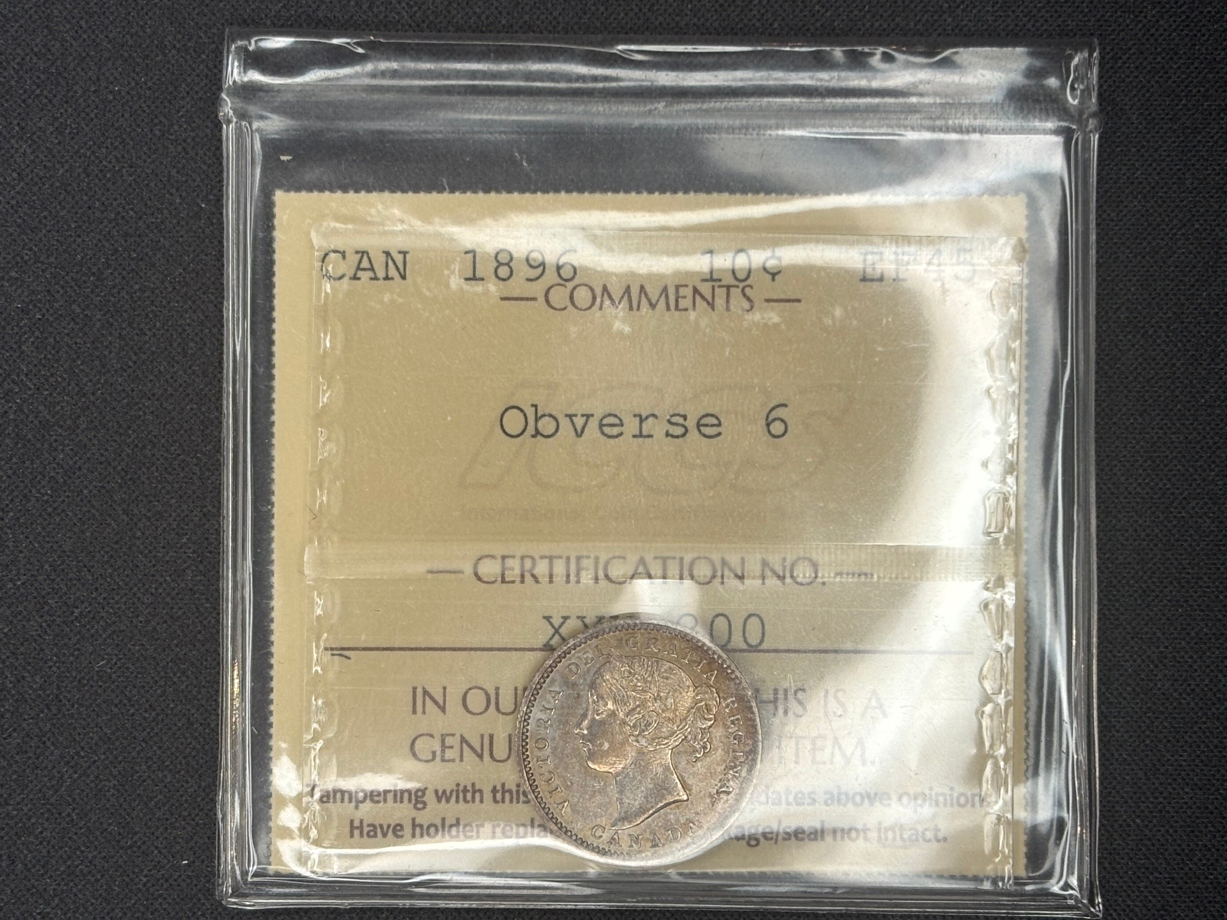 Canadian Silver Coin - 10 cents - 1896 Obv 6 - EF45 ICCS