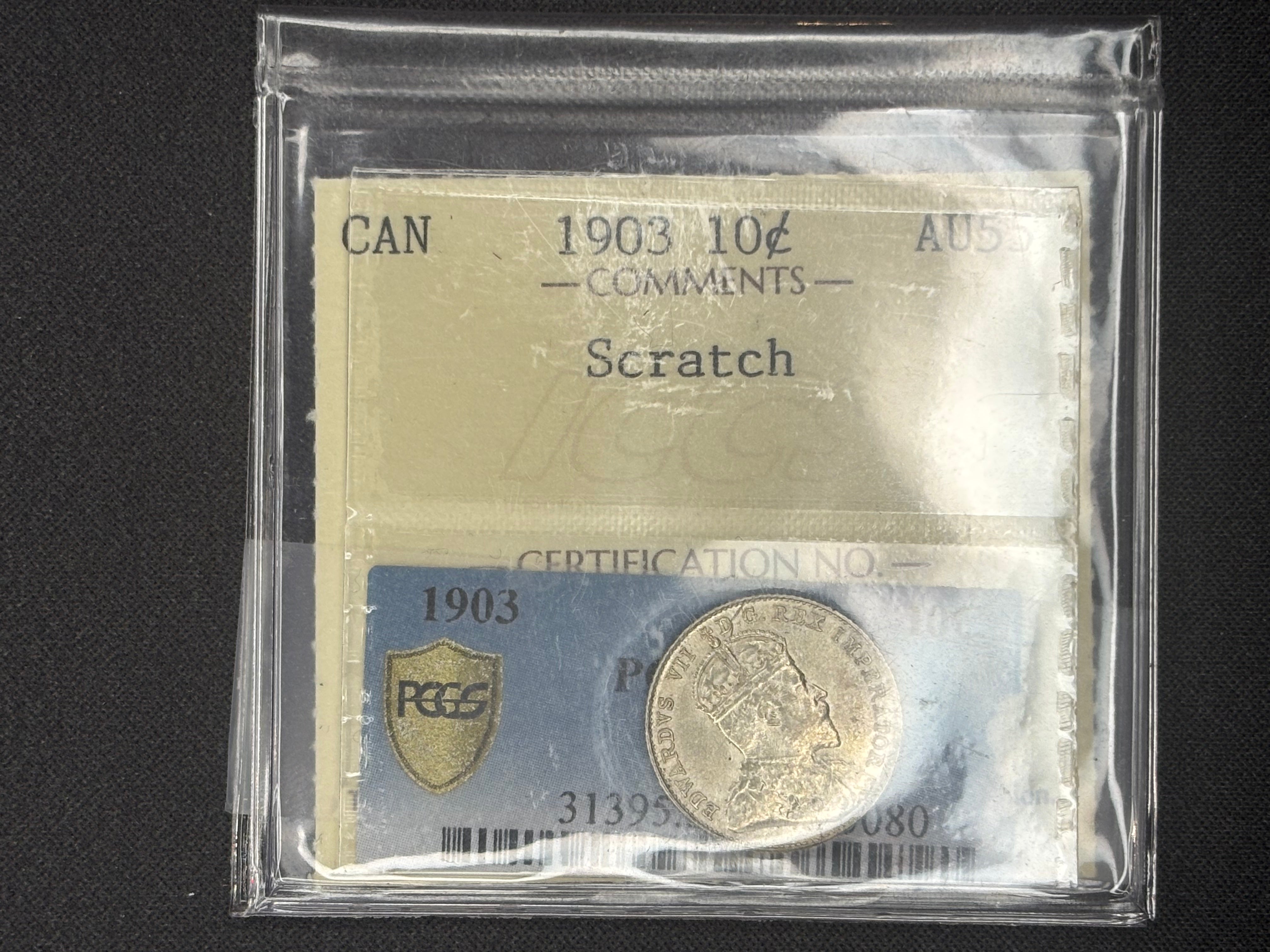 Canadian Silver Coin - 10 cents - 1903 Light Scratch - AU55 ICCS