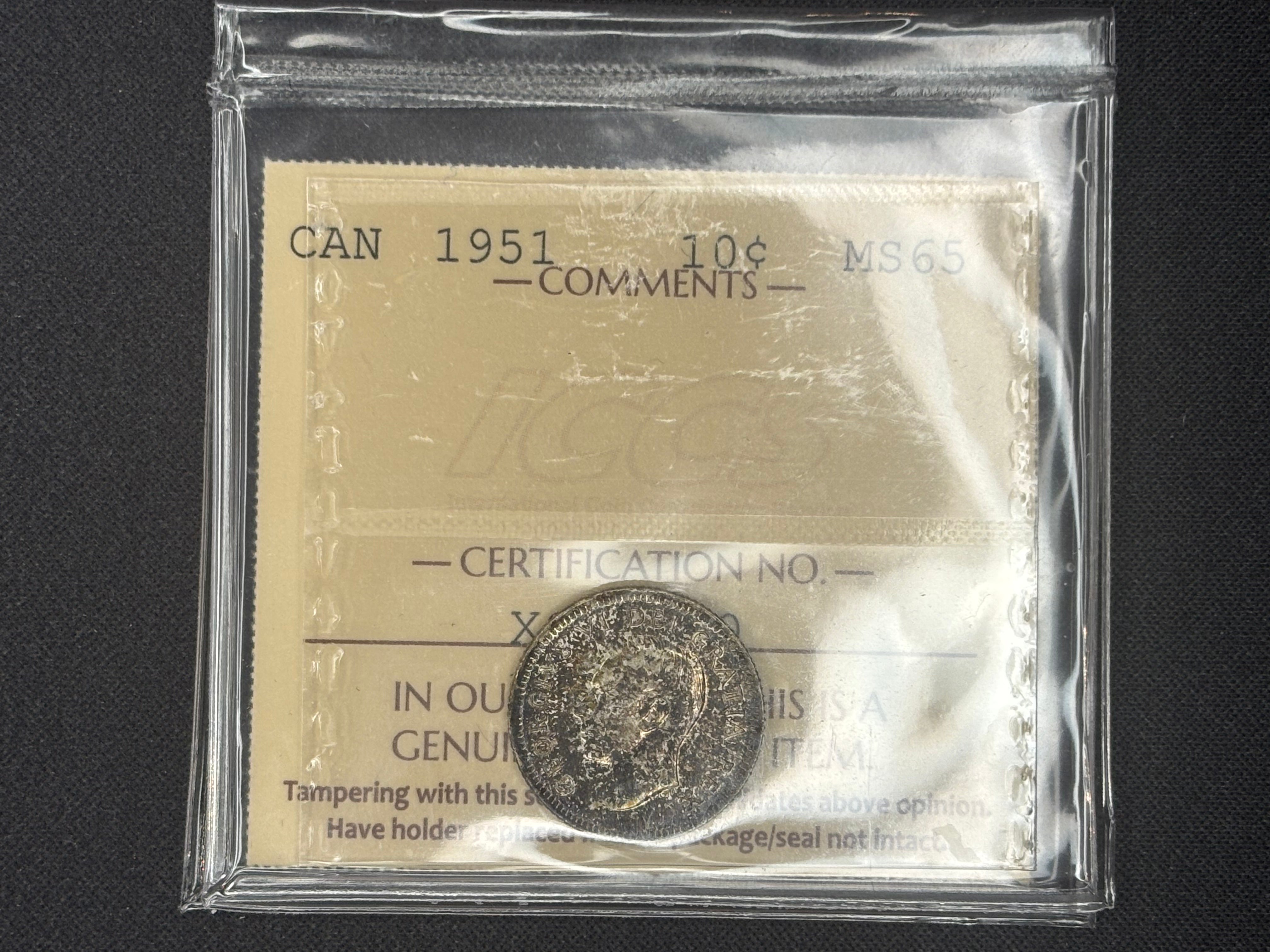 Canadian Silver Coin - 10 cents - 1951 MS65 ICCS