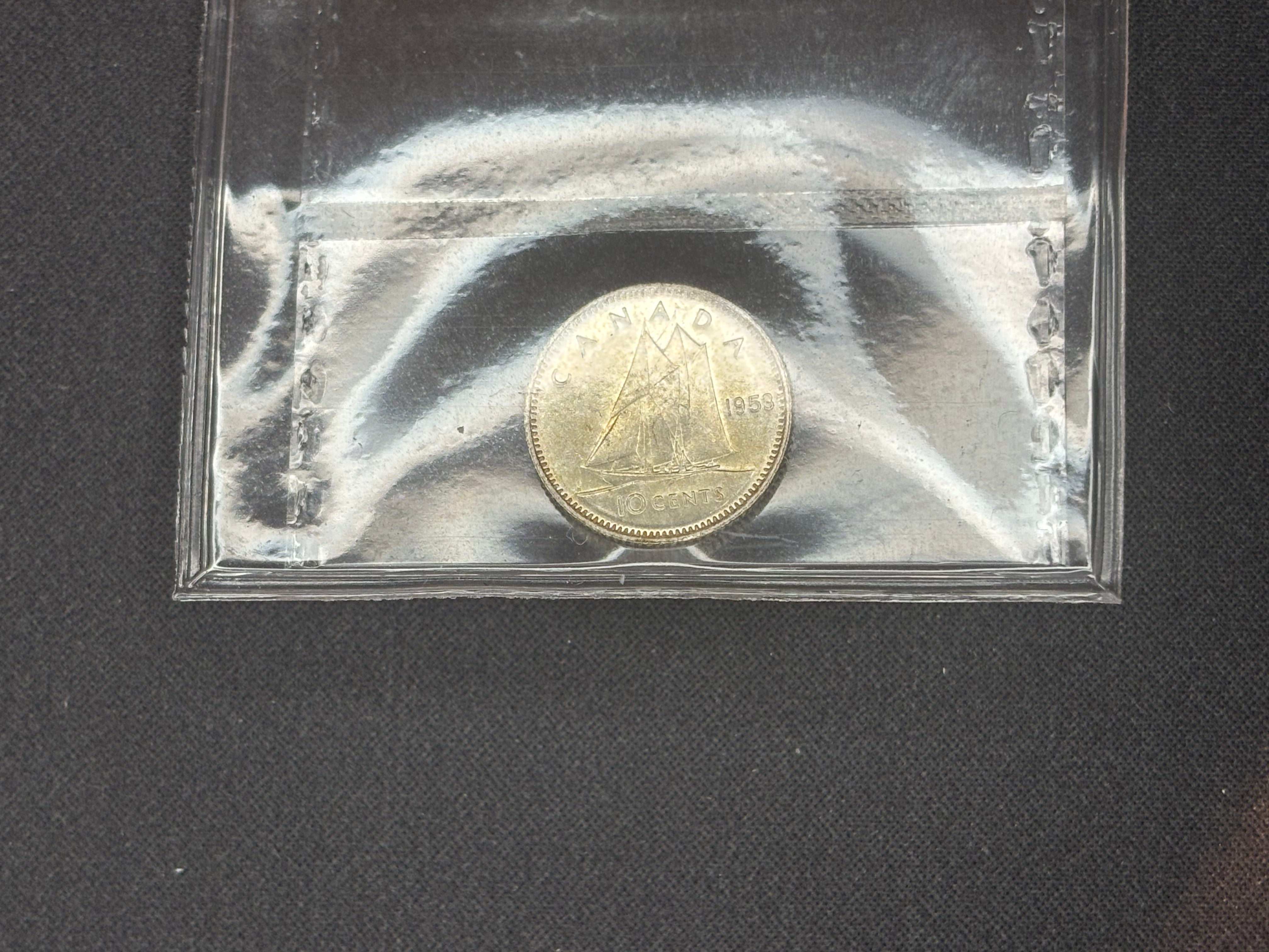 Canadian Silver Coin - 10 cents - 1953 SF Cameo - MS64 ICCS