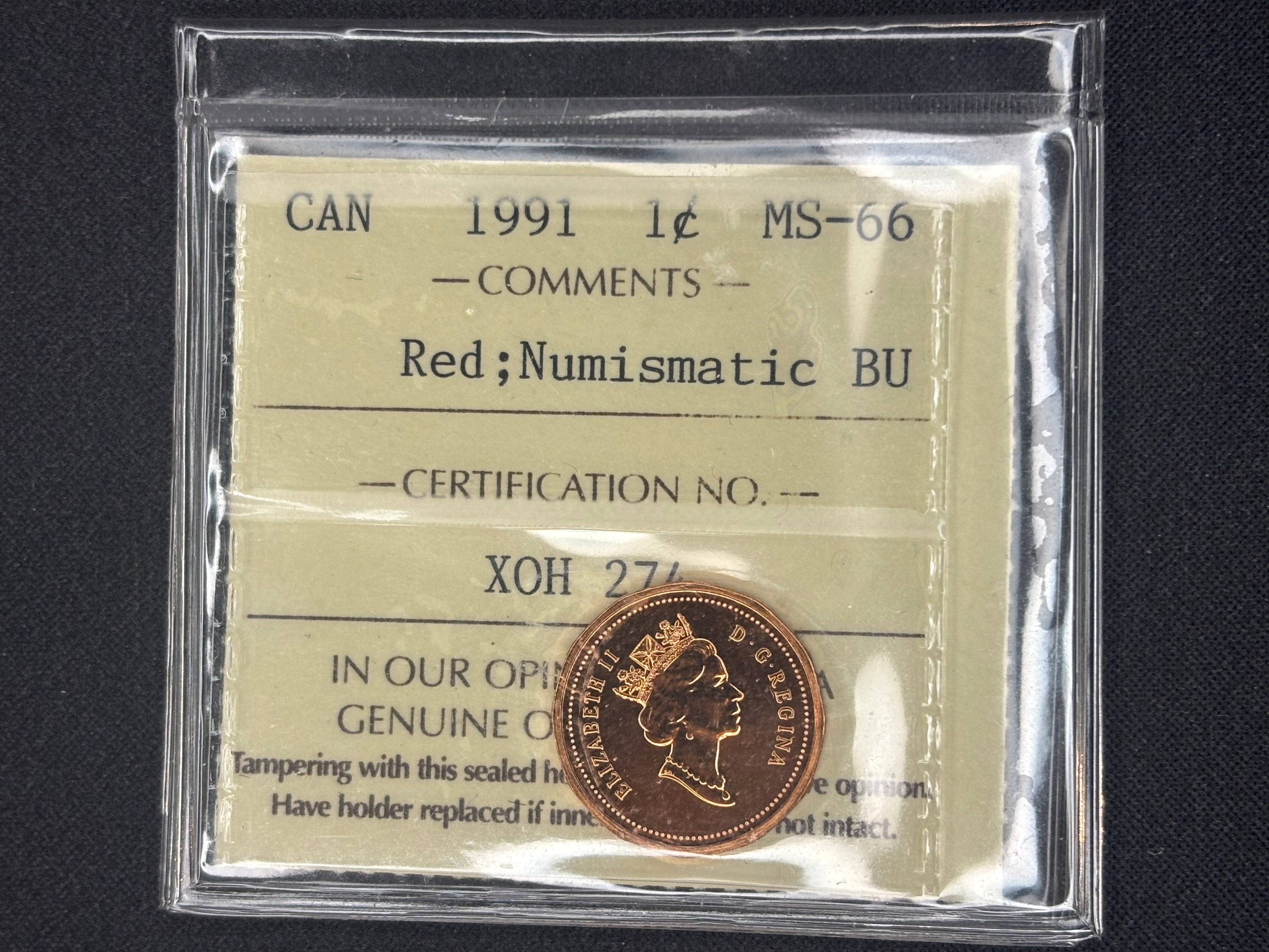 Canadian Coin - Penny - 1991 Red Nusmismatic; BU MS66 ICCS