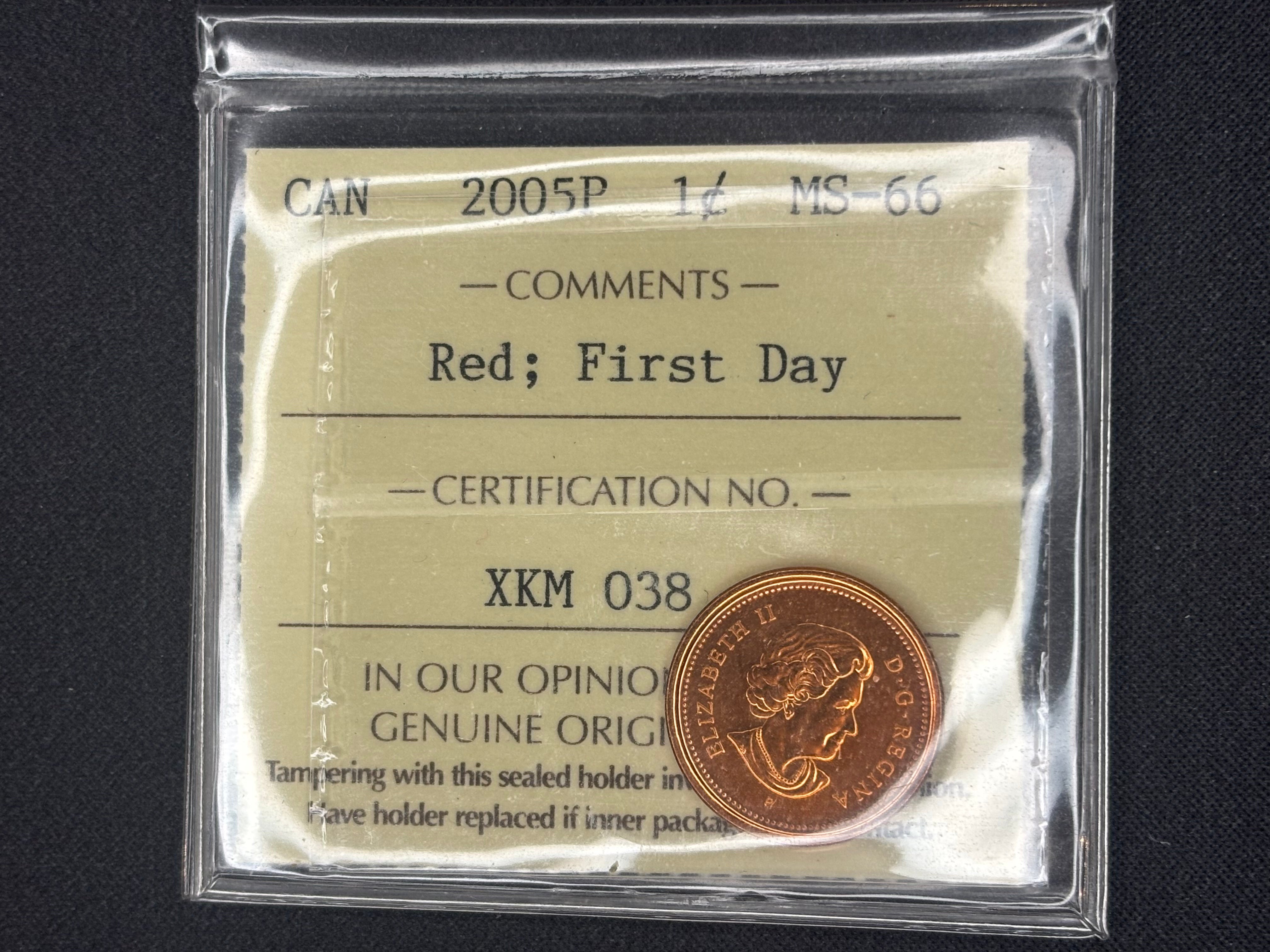 Canadian Coin - Penny - 2005P Red; first day  MS66 ICCS