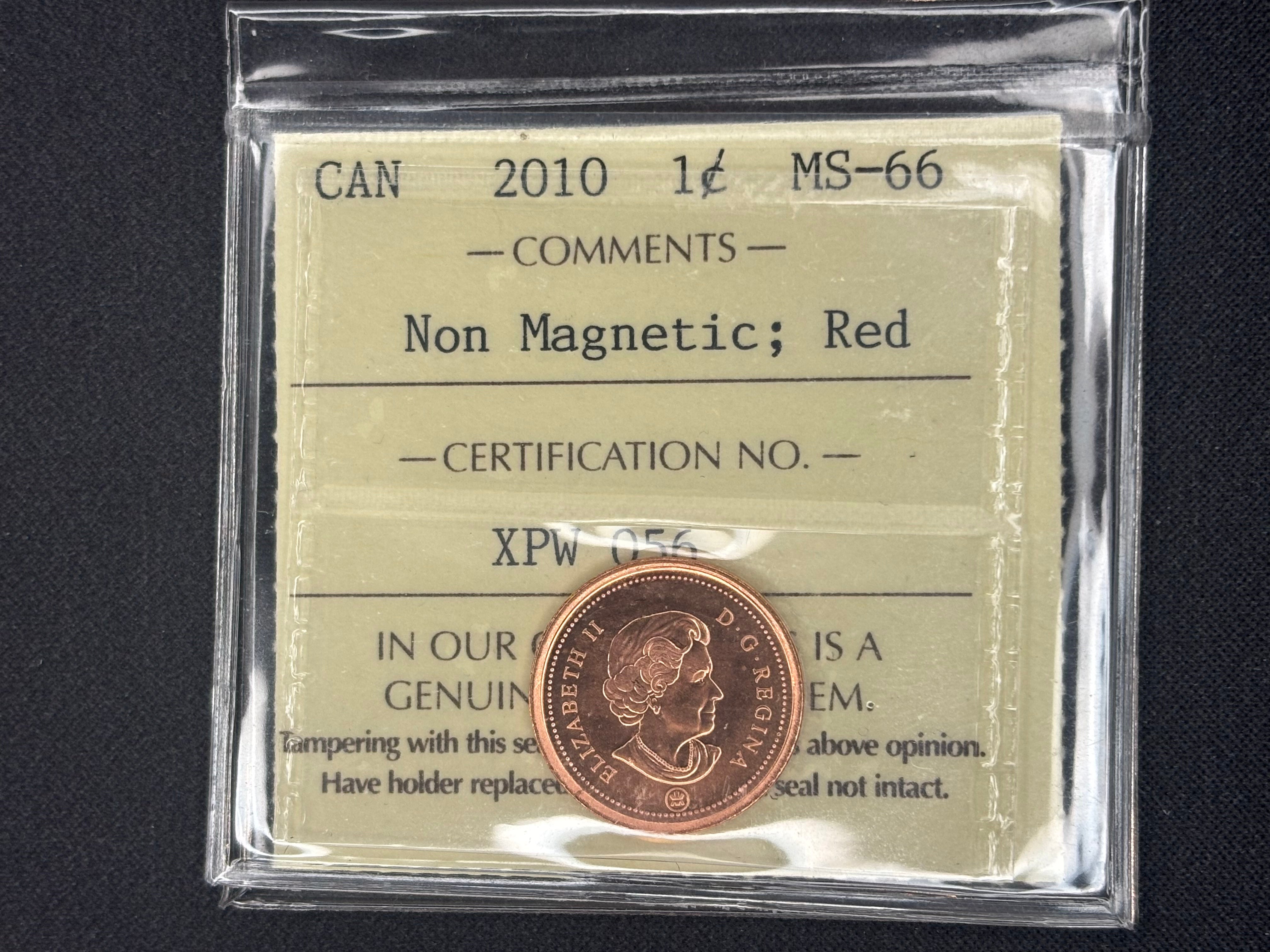 Canadian Coin - Penny - 2010 Non Magnetic ; Red  MS66 ICCS