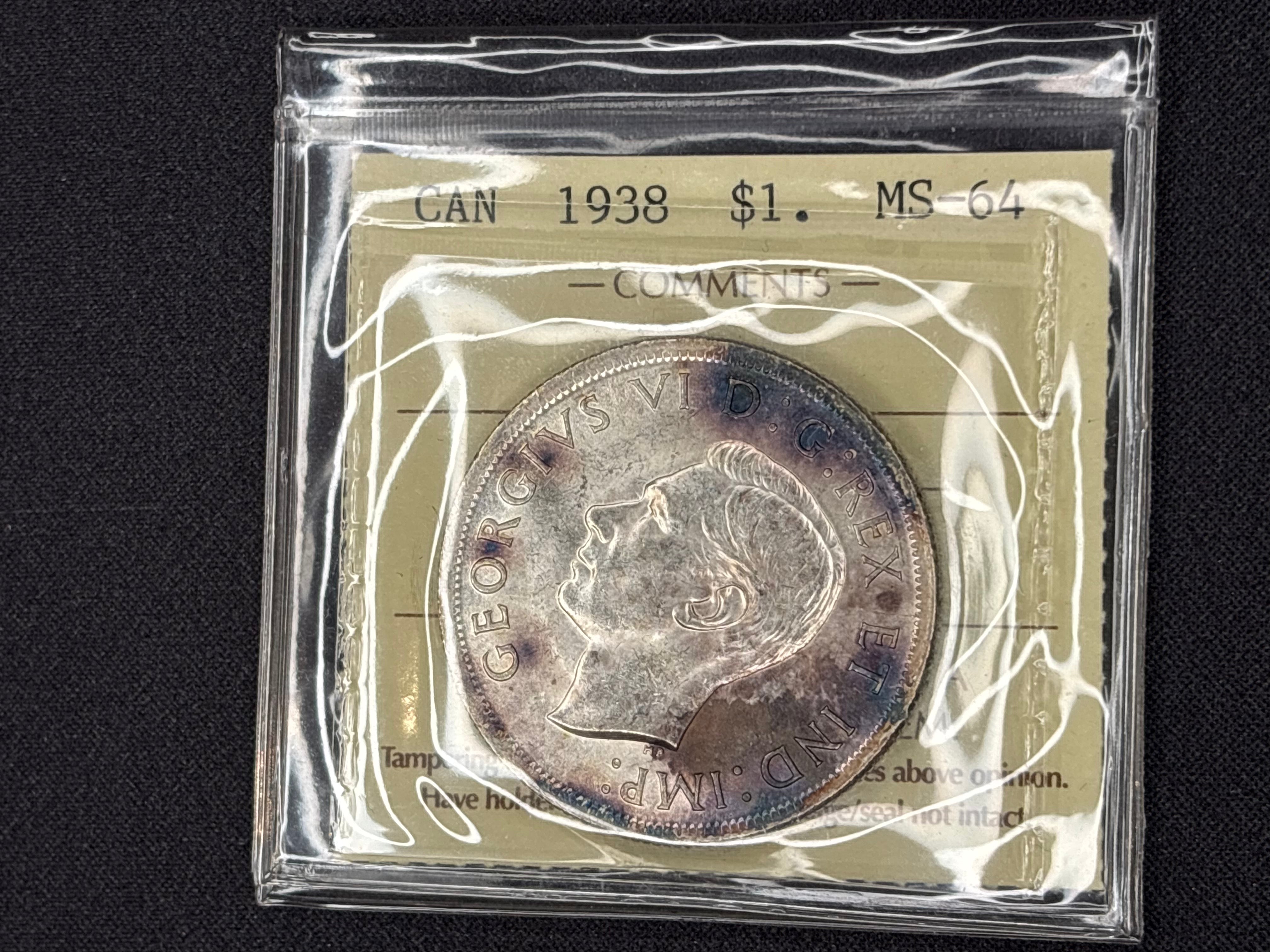 Canadian Silver Coin - Dollar - 1938 MS64 ICCS