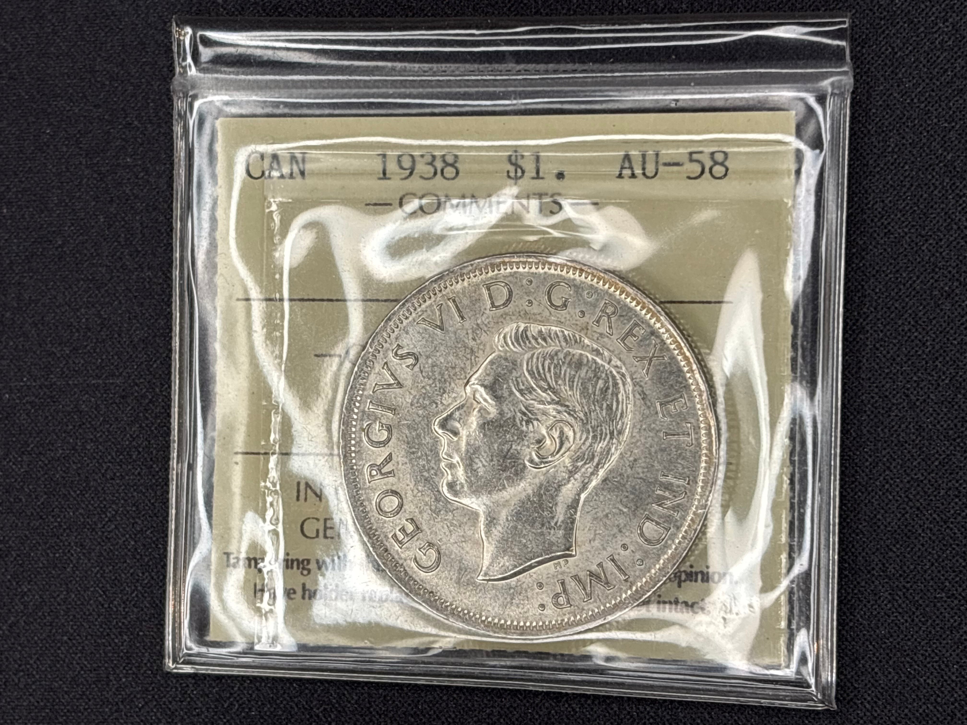 Canadian Silver Coin - Dollar - 1938 AU58  ICCS