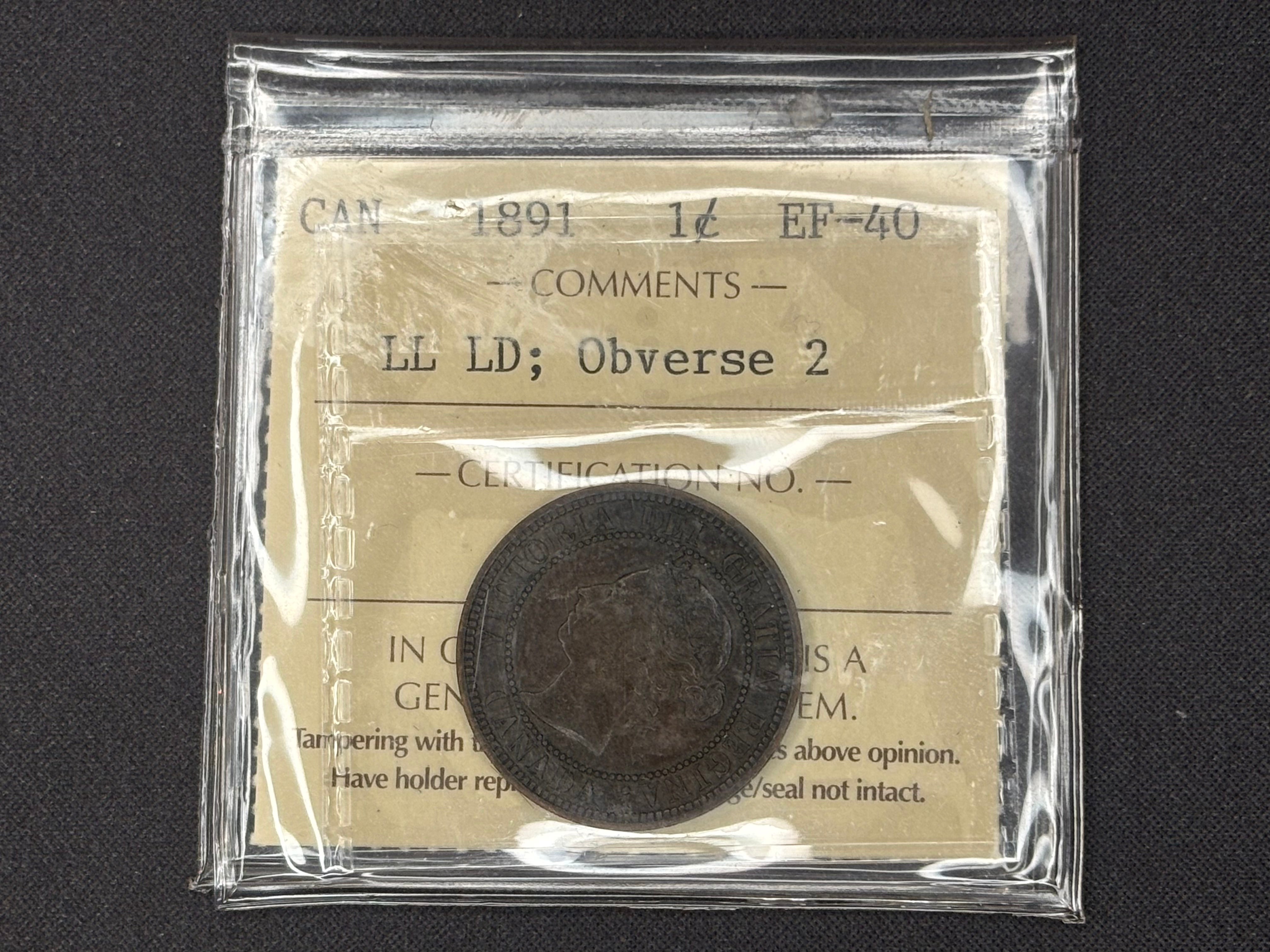 Canadian Coin - Penny - 1891 LLLD ; Obv2  - EF40 ICCS