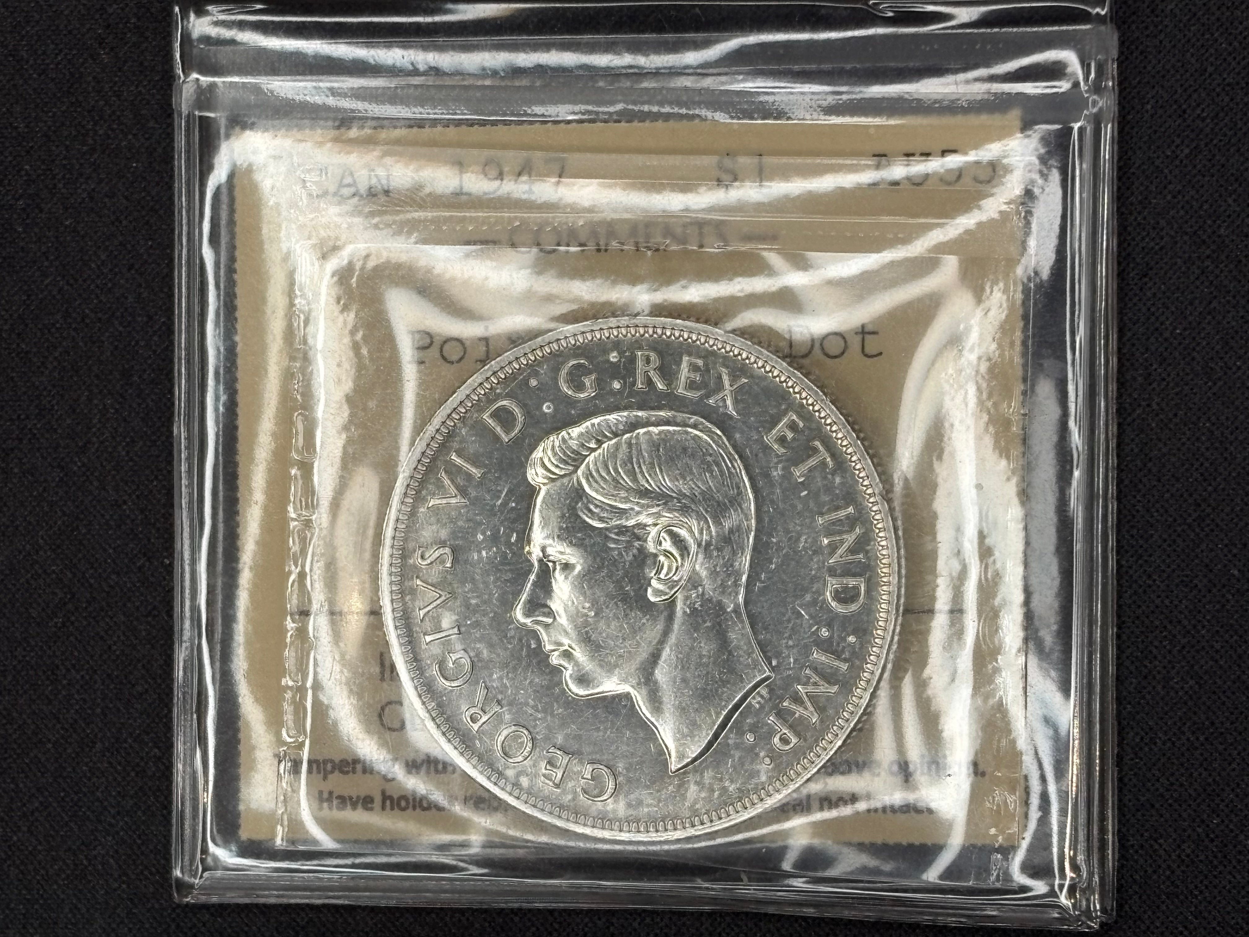 Canadian Silver Coin - Dollar - 1947 P7 Dot - AU55 ICCS