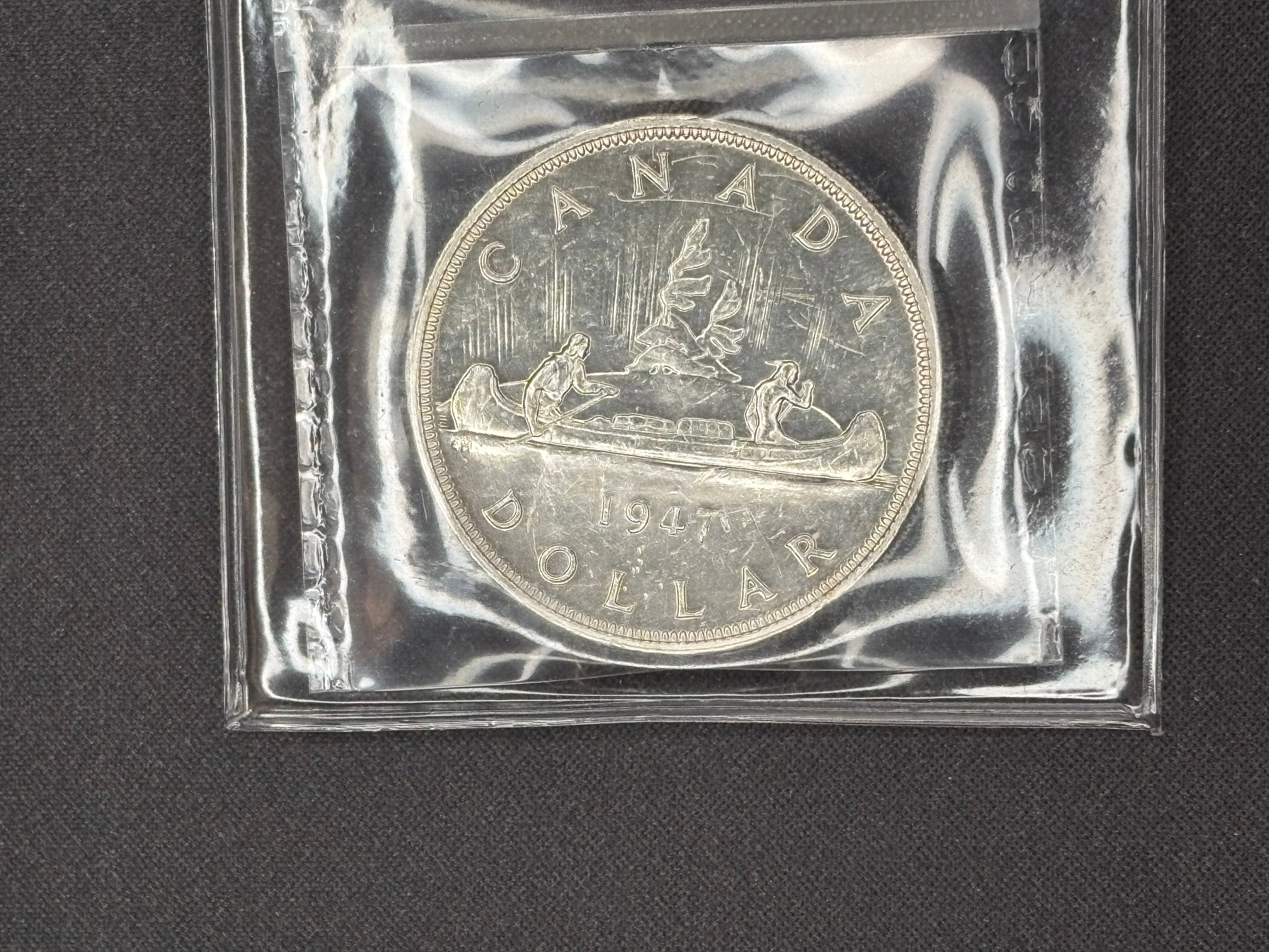Canadian Silver Coin - Dollar - 1947 P7 Dot - AU55 ICCS