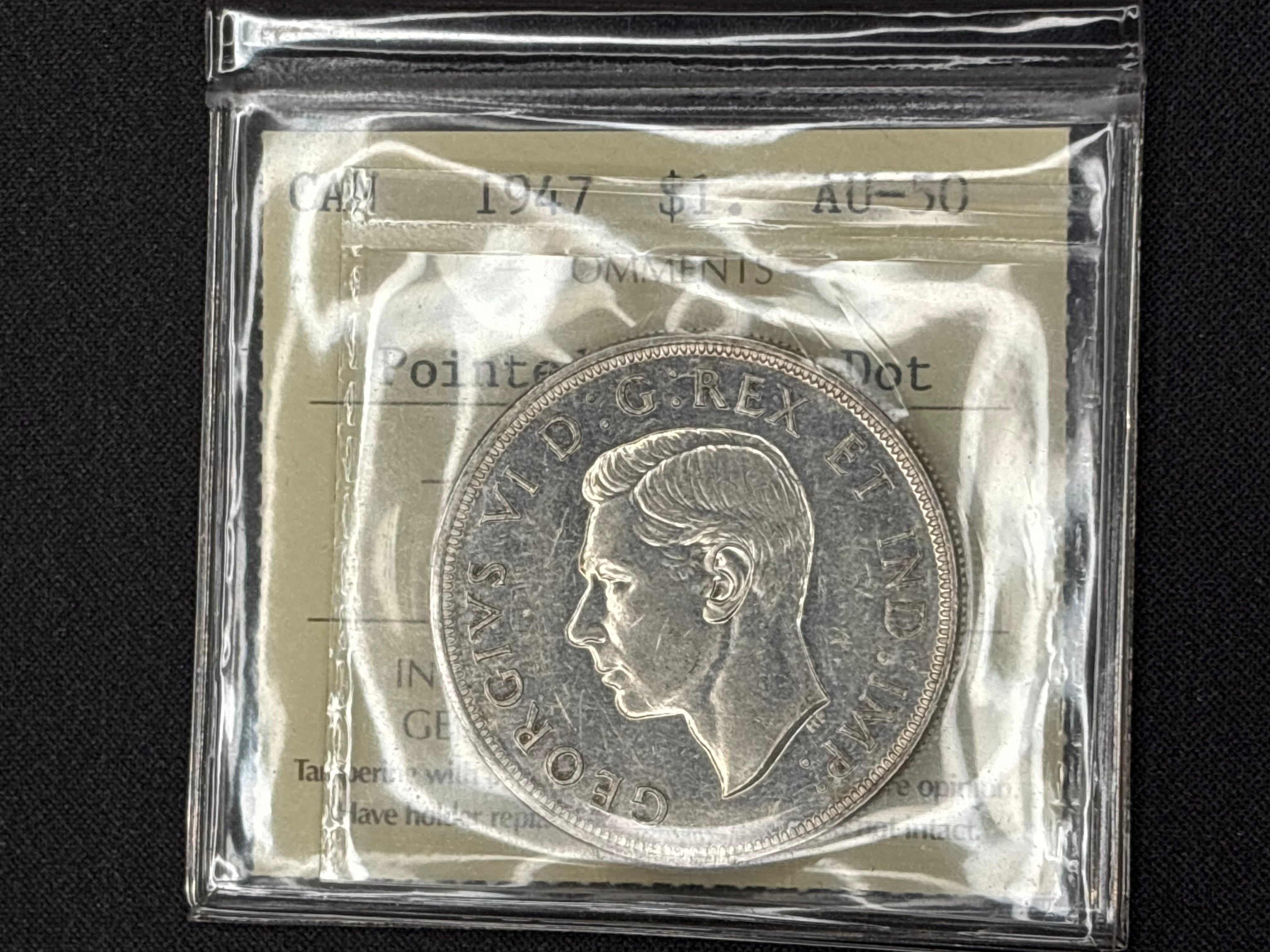 Canadian Silver Coin - Dollar - 1947 P7 Dot - AU50 ICCS
