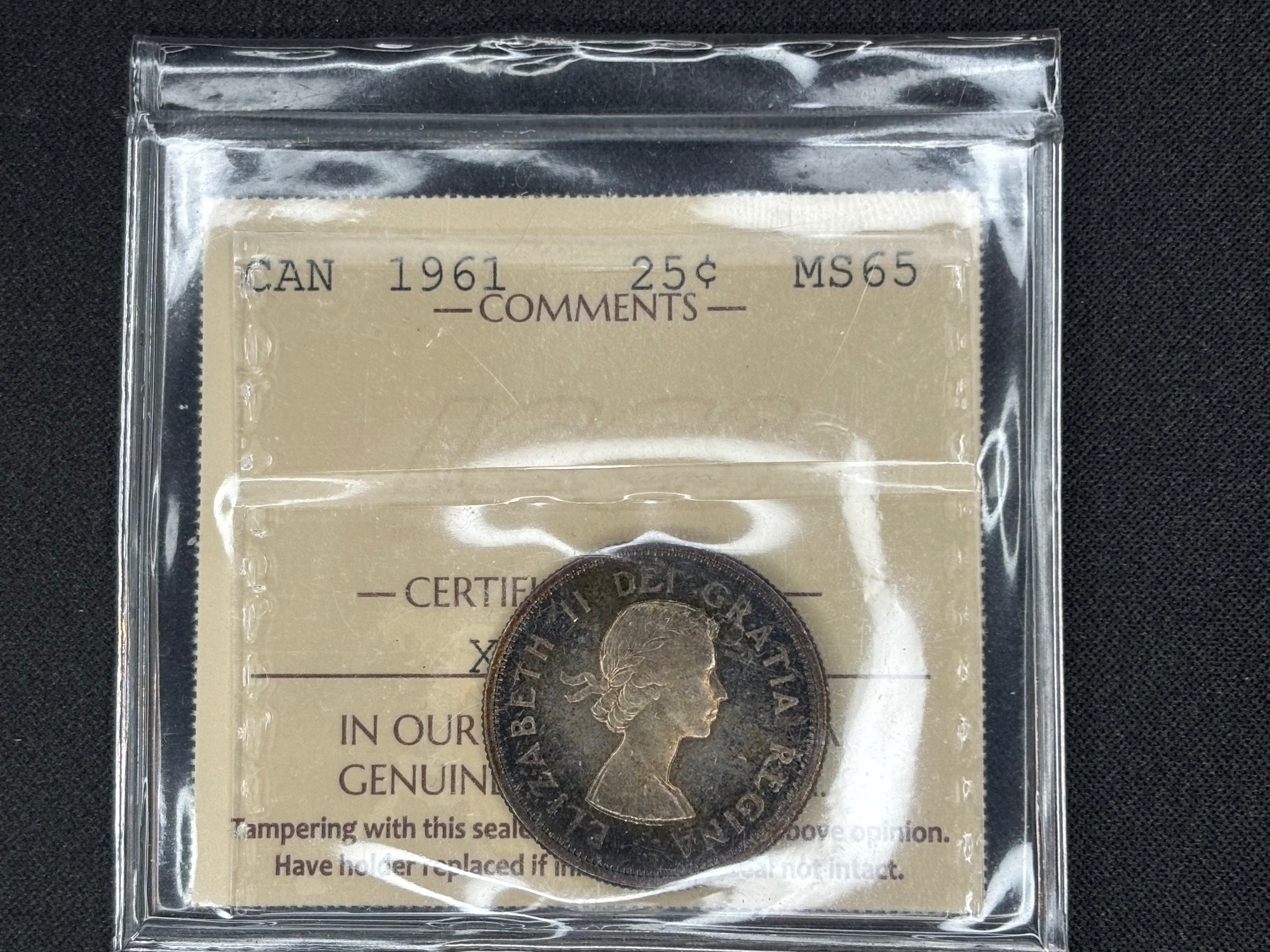 Canadian Silver Coin - 25 cents - 1961 - MS65 ICCS