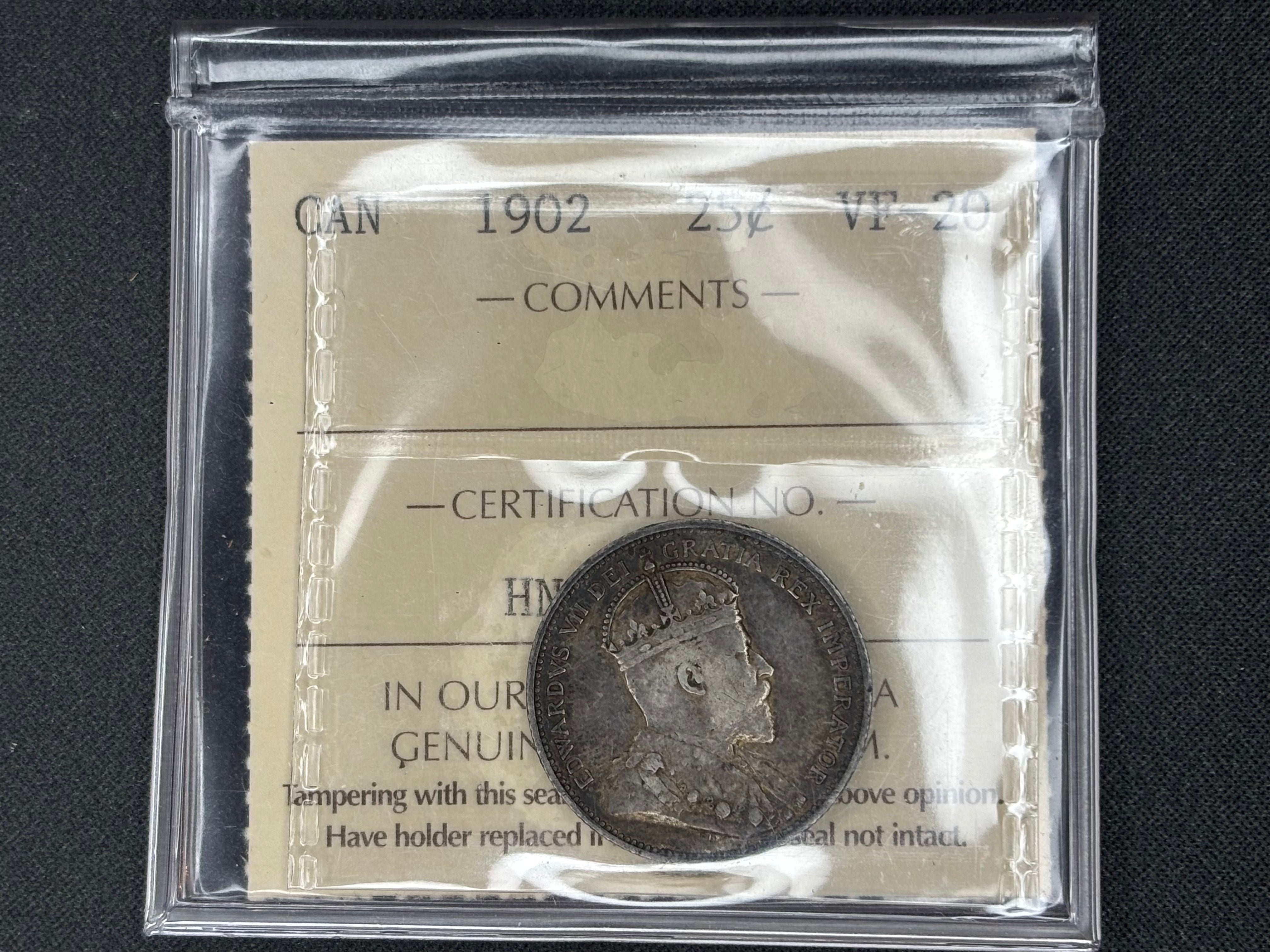 Canadian Silver Coin - 25 cents - 1902 - VF20 ICCS