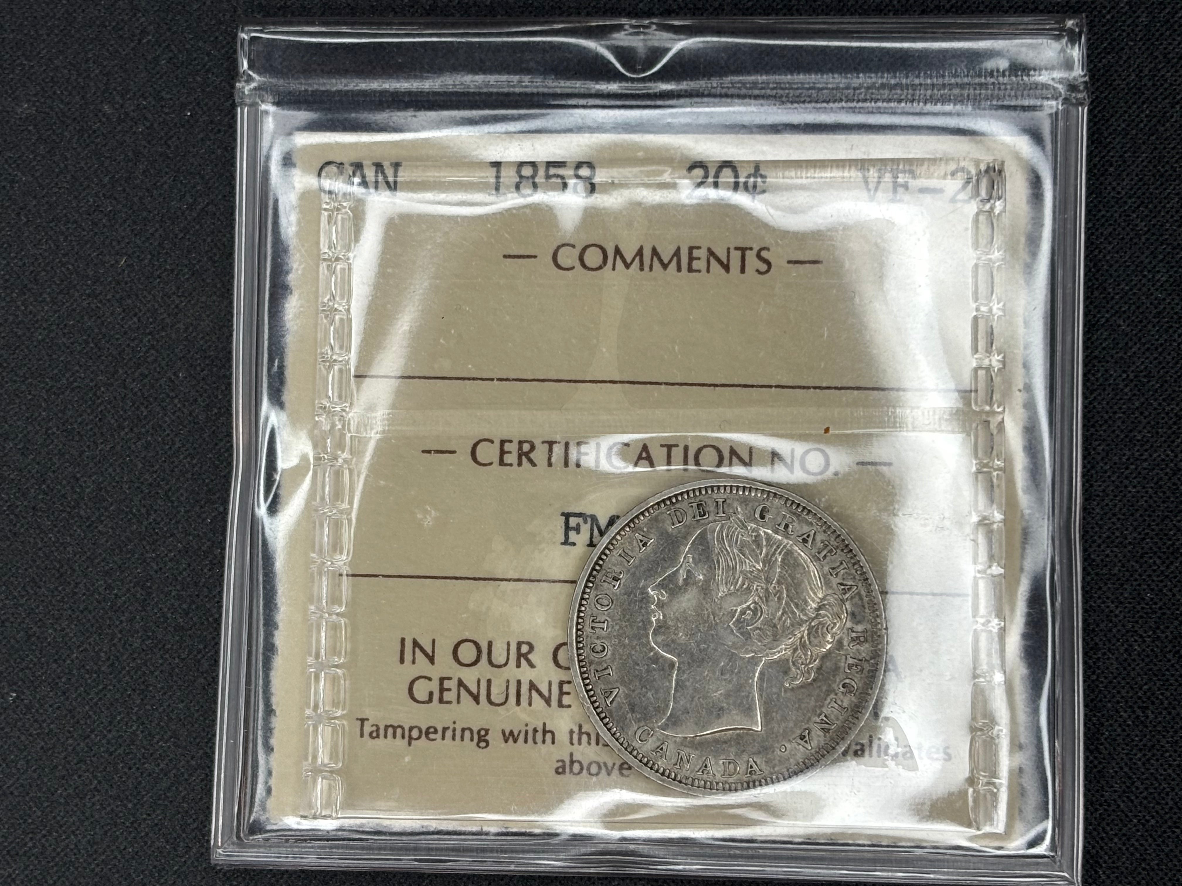 Canadian Silver Coin - 20 cents - 1858 - VF20 ICCS