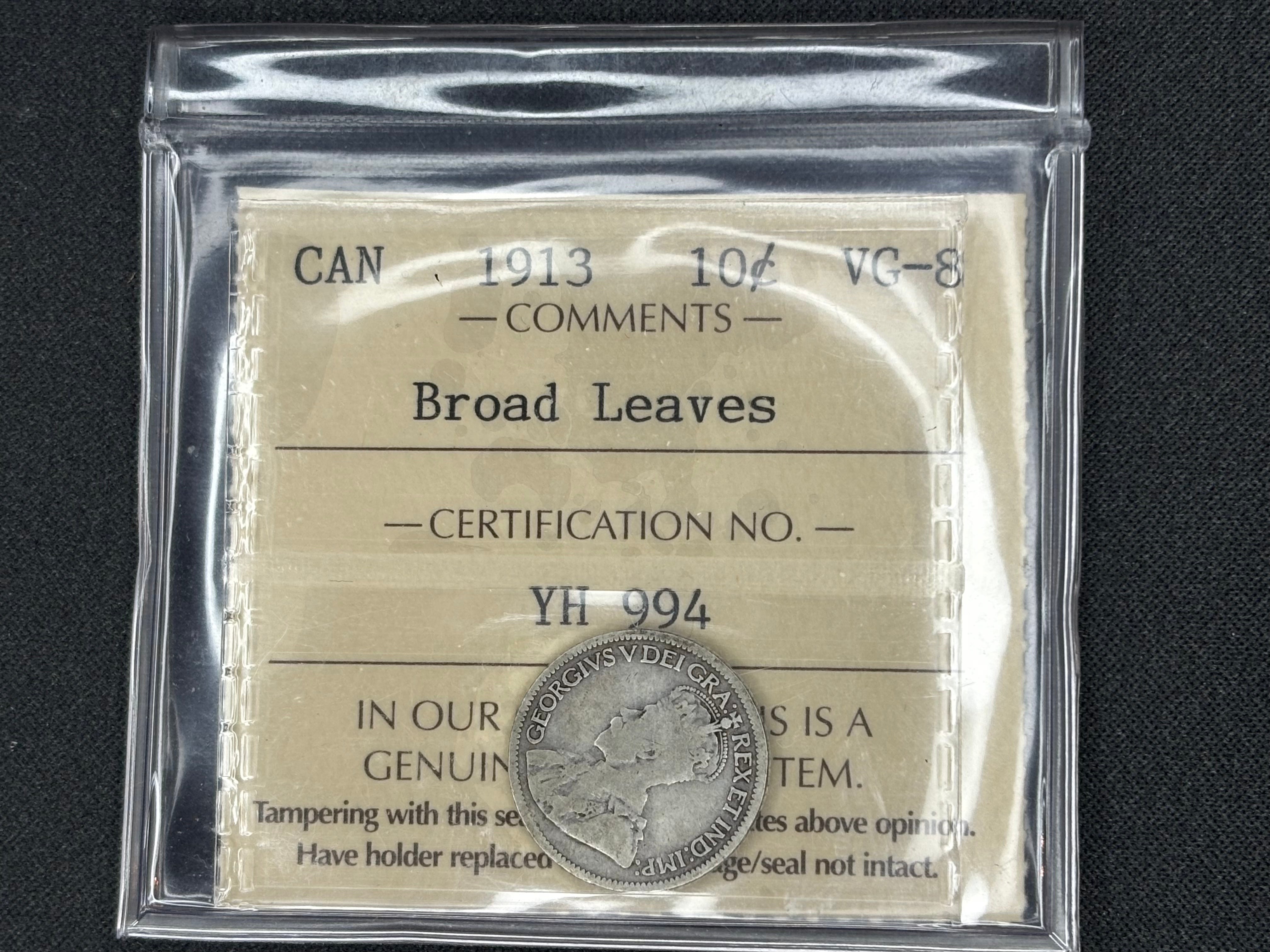 Canadian Silver Coin - 10 cents - 1913 Broad Leaves - VG8 ICCS