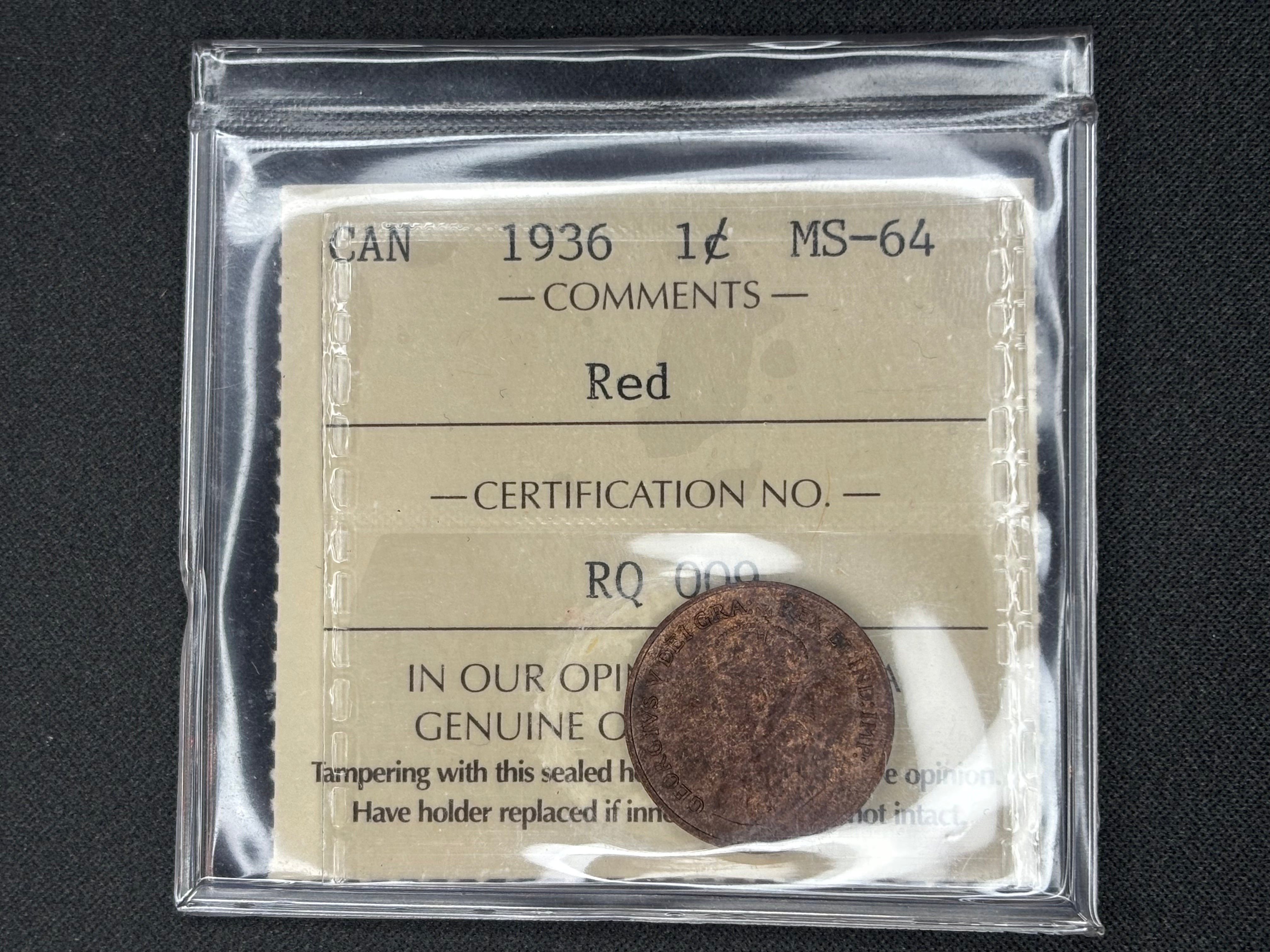 Canadian Coin - Penny - 1936 Red - MS64 ICCS