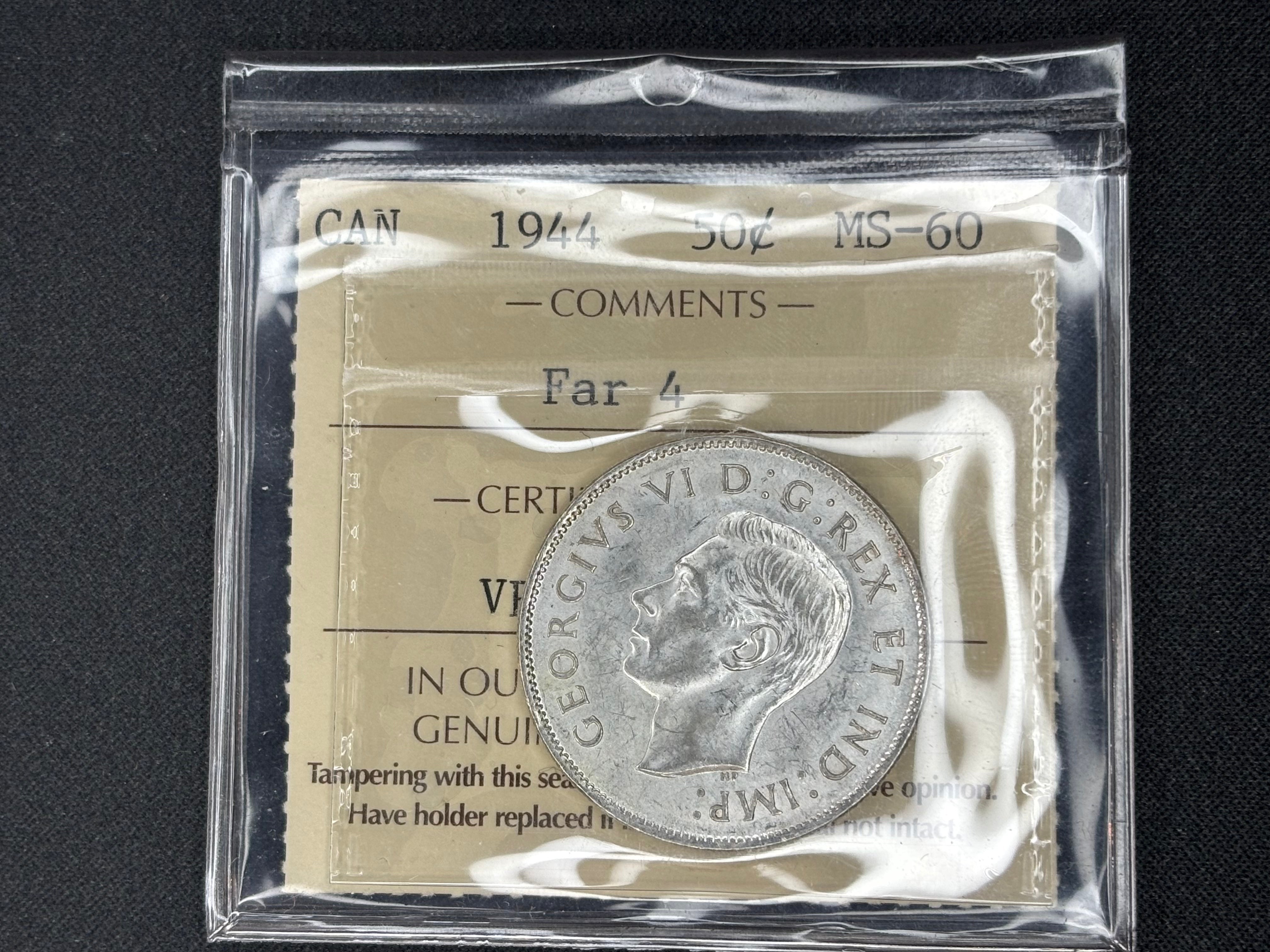 Canadian Silver Coin - 50 cents - 1944 Far - MS60 ICCS