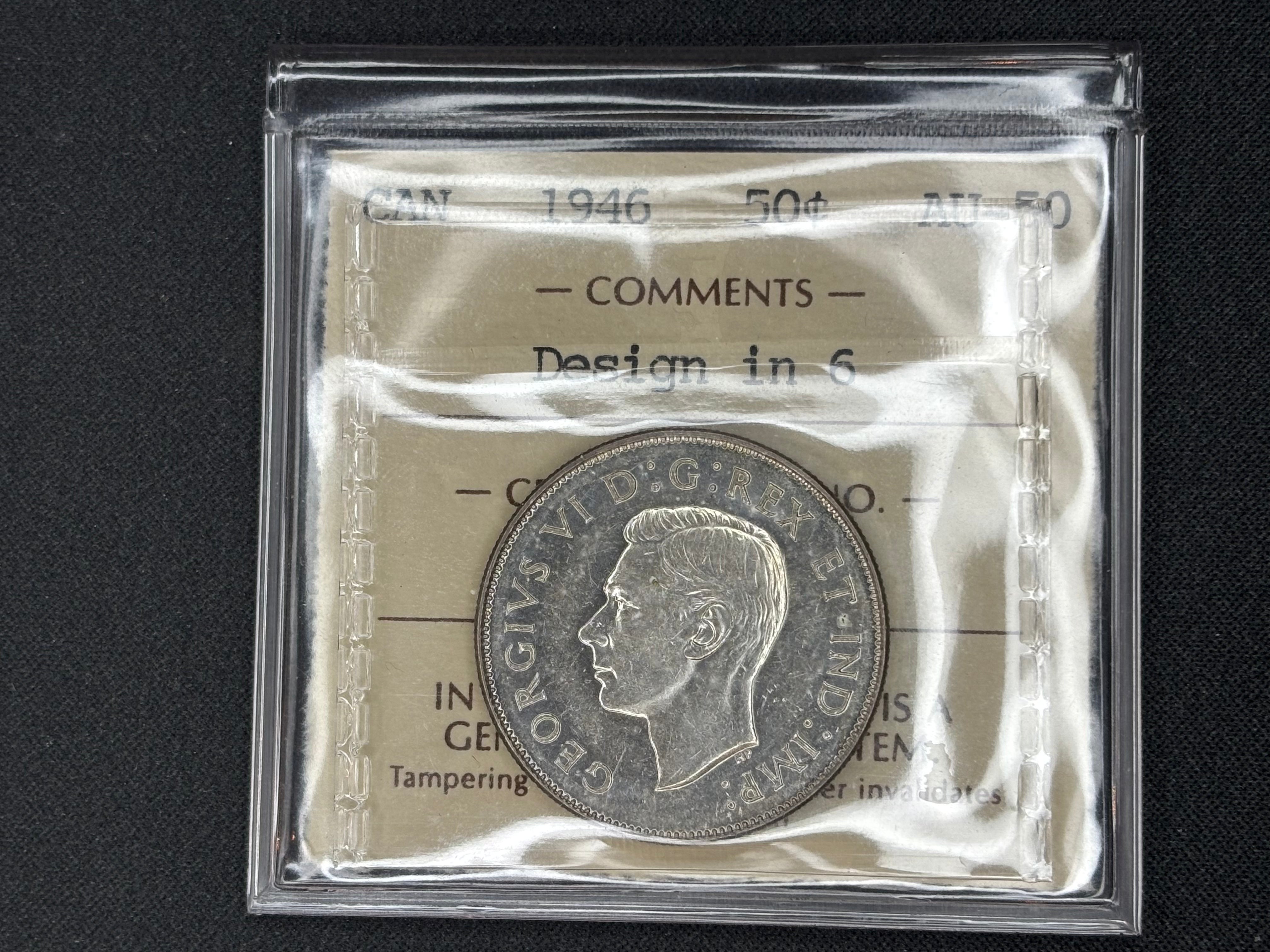Canadian Silver Coin - 50 cents - 1946 Design - AU50 ICCS