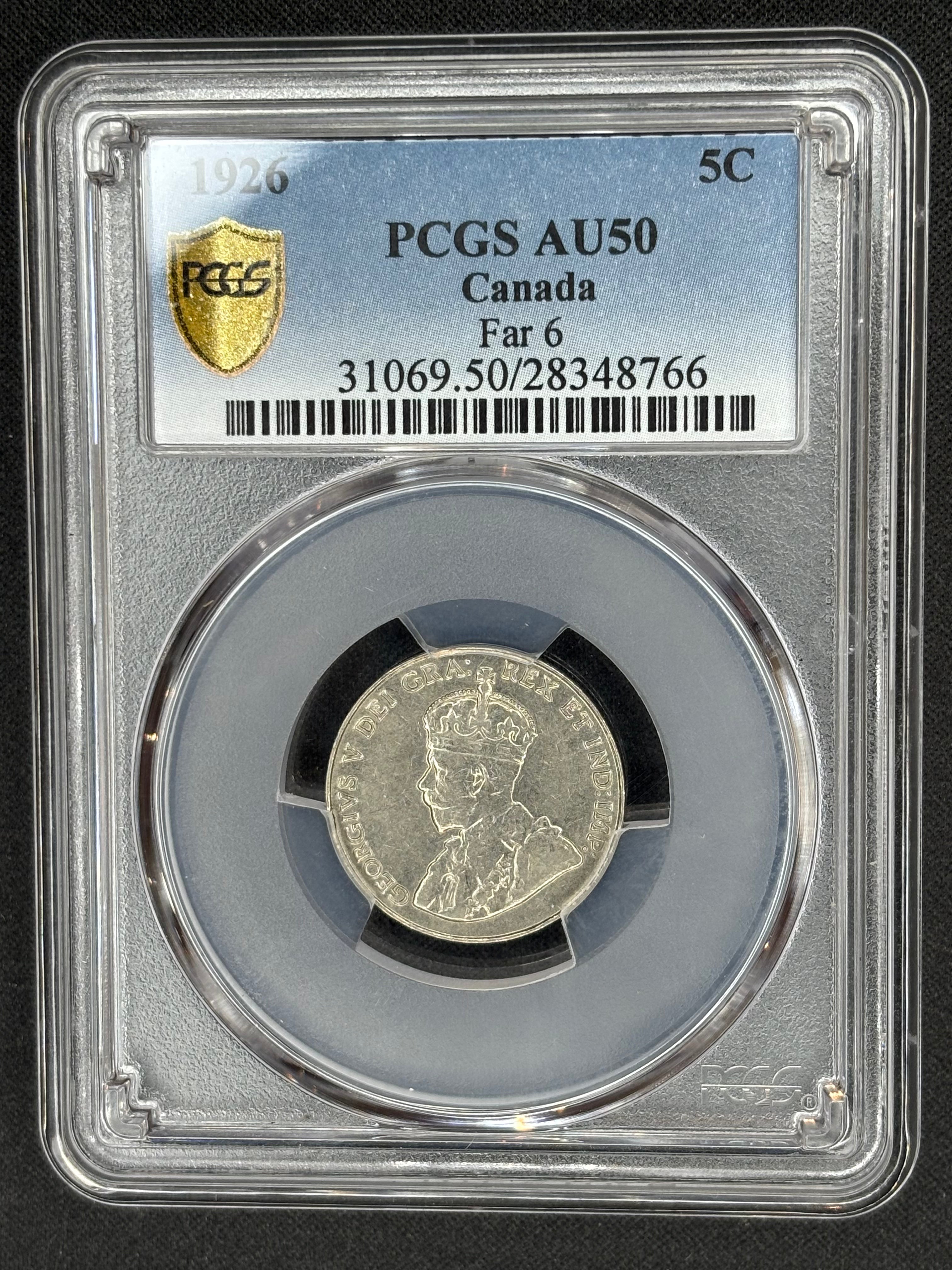 Canadian Nickel Coin - 5 cents - 1926 Far - AU50 PCGS