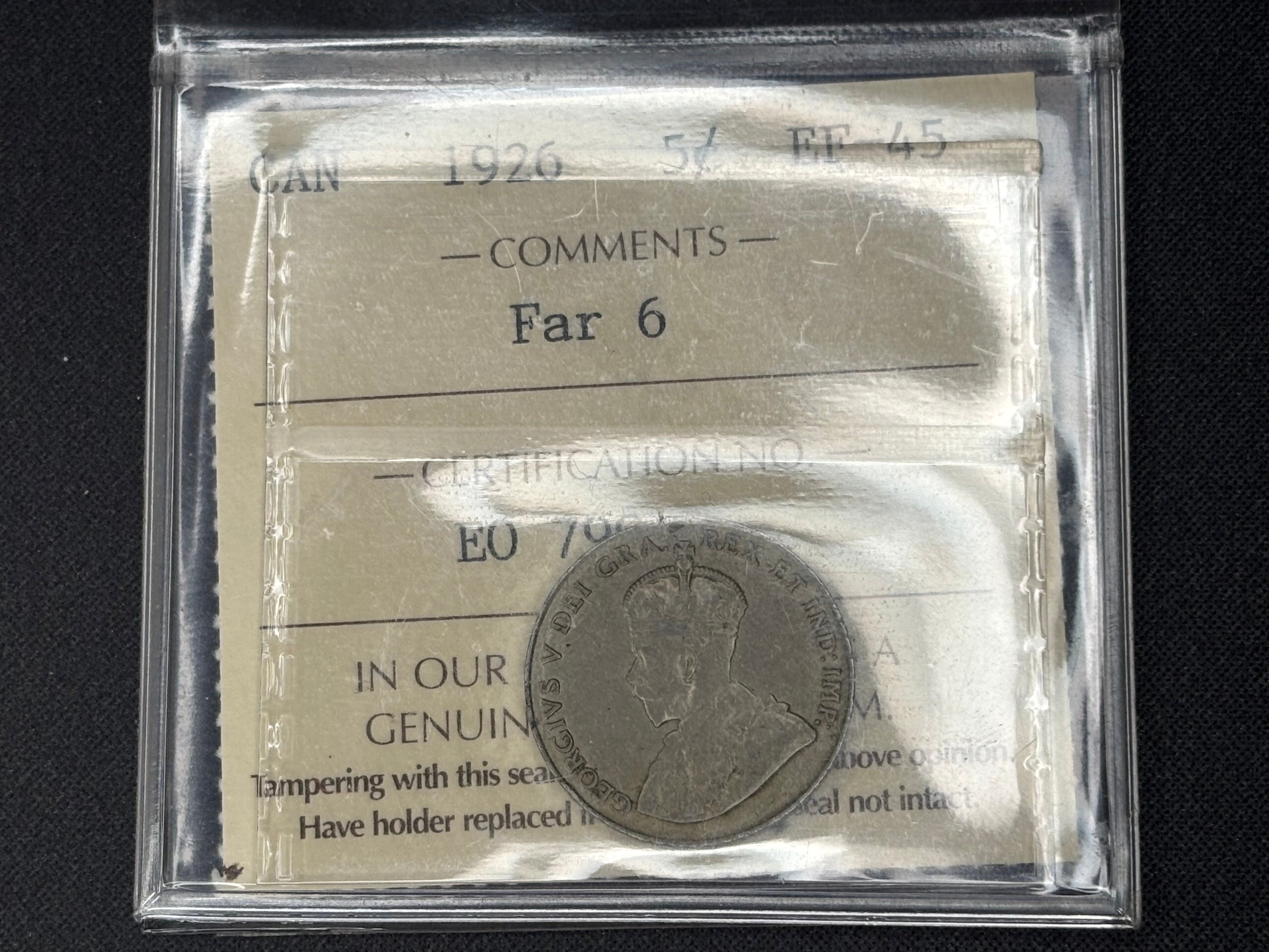 Key date Canadian Nickel Coin - 5 cents - 1926 Far - EF45 ICCS