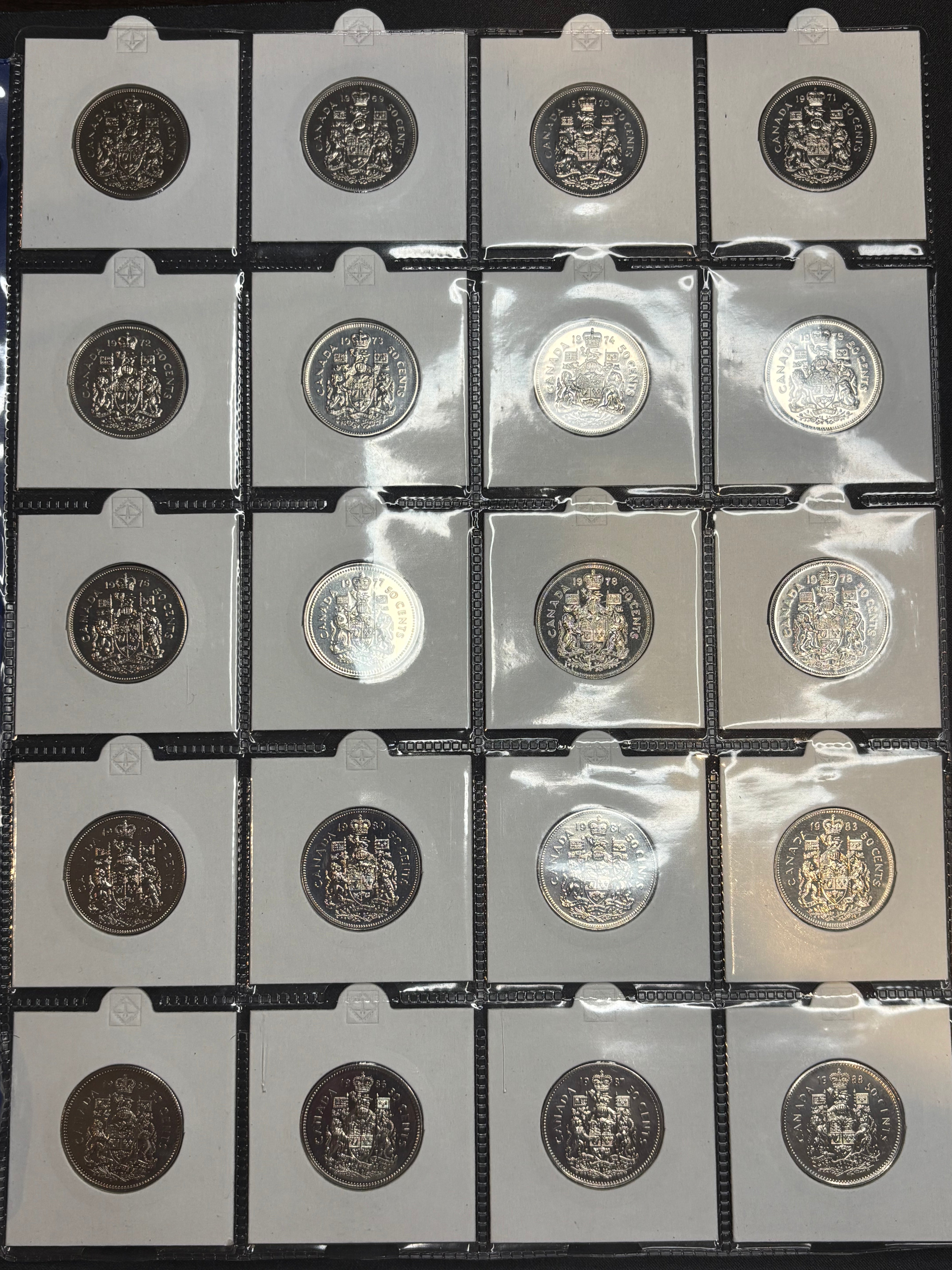 20 x Canadian Nickel Fifty cent 1968 to 1988 (Proof and UNC condition)