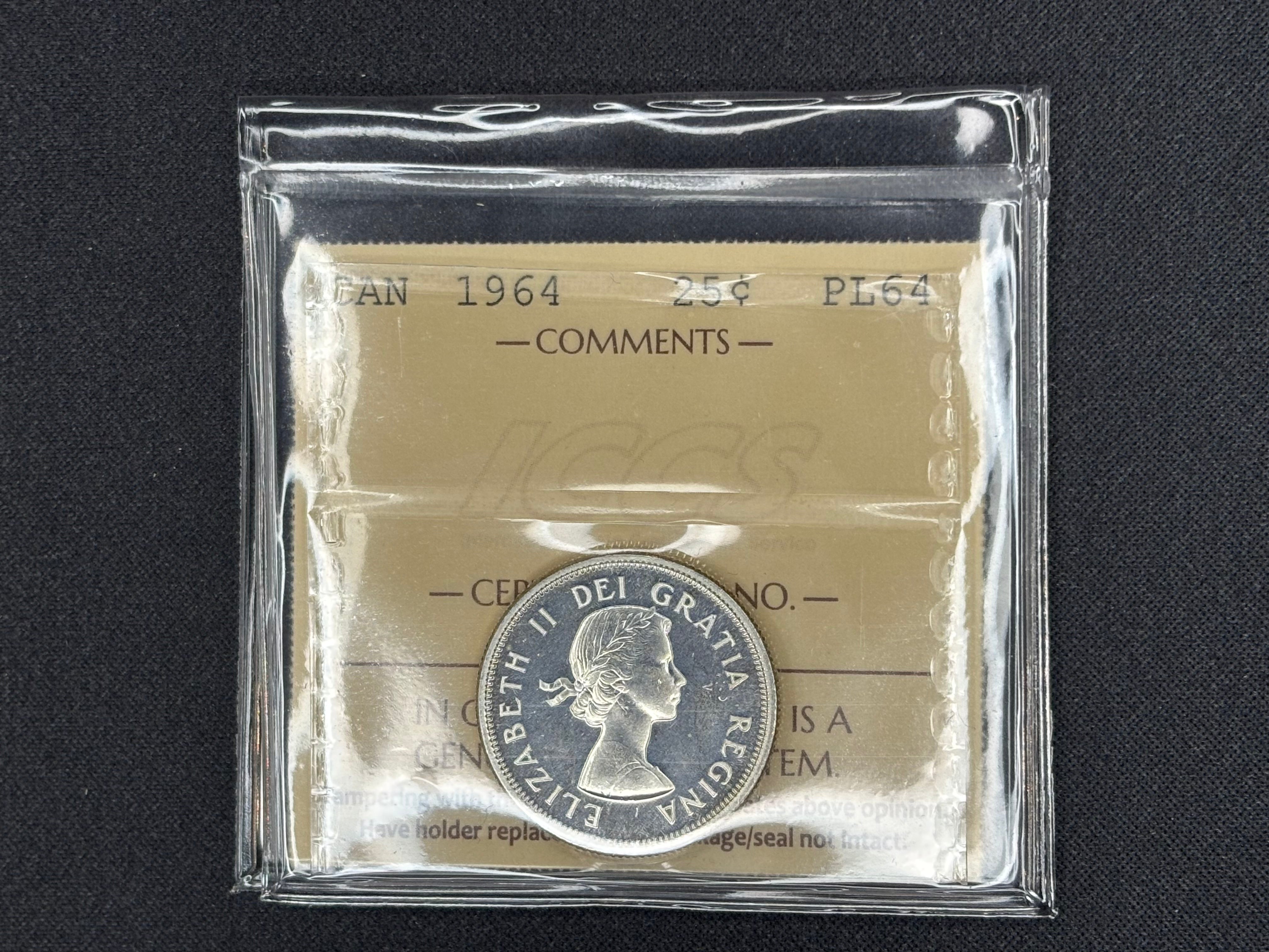 Canada Silver Coin - 25 cents - 1964- PL64 ICCS
