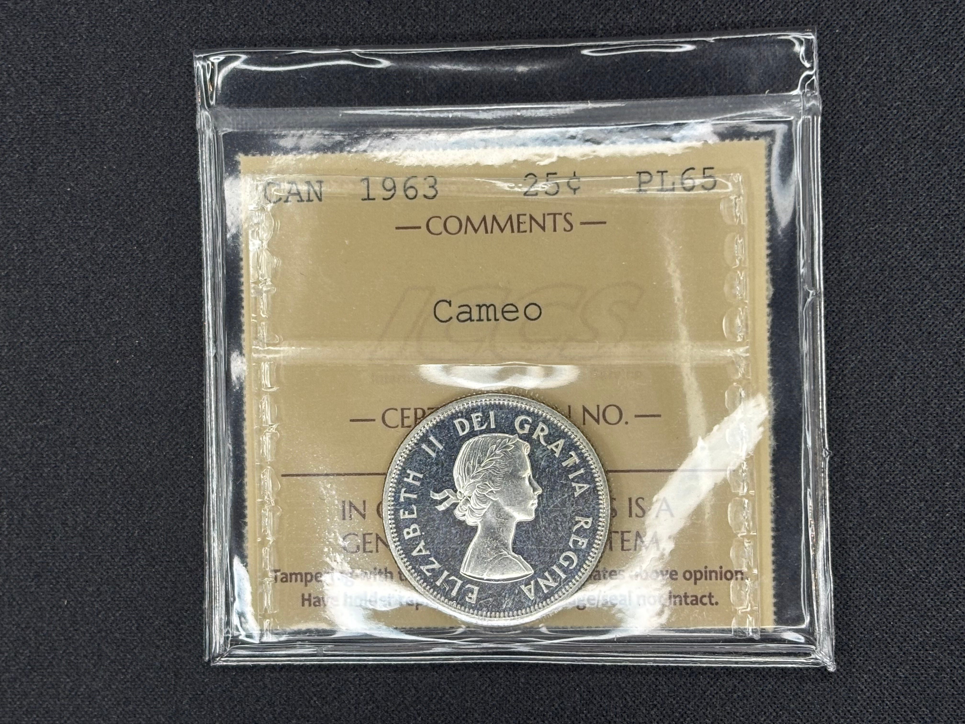 Canada Silver Coin - 25 cents - 1963 Cameo- PL65 ICCS