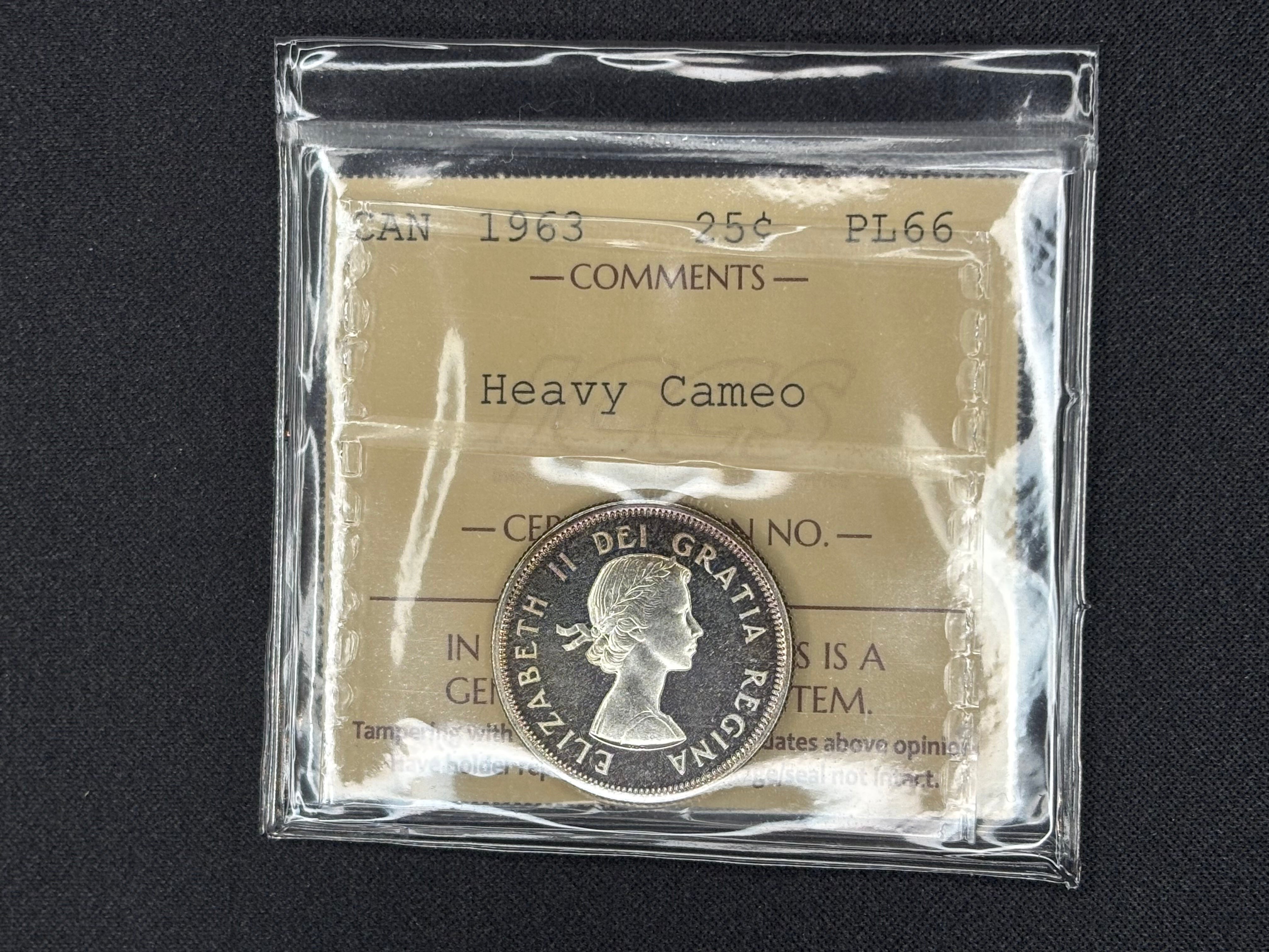 Canada Silver Coin - 25 cents - 1963 Heavy Cameo- PL66 ICCS