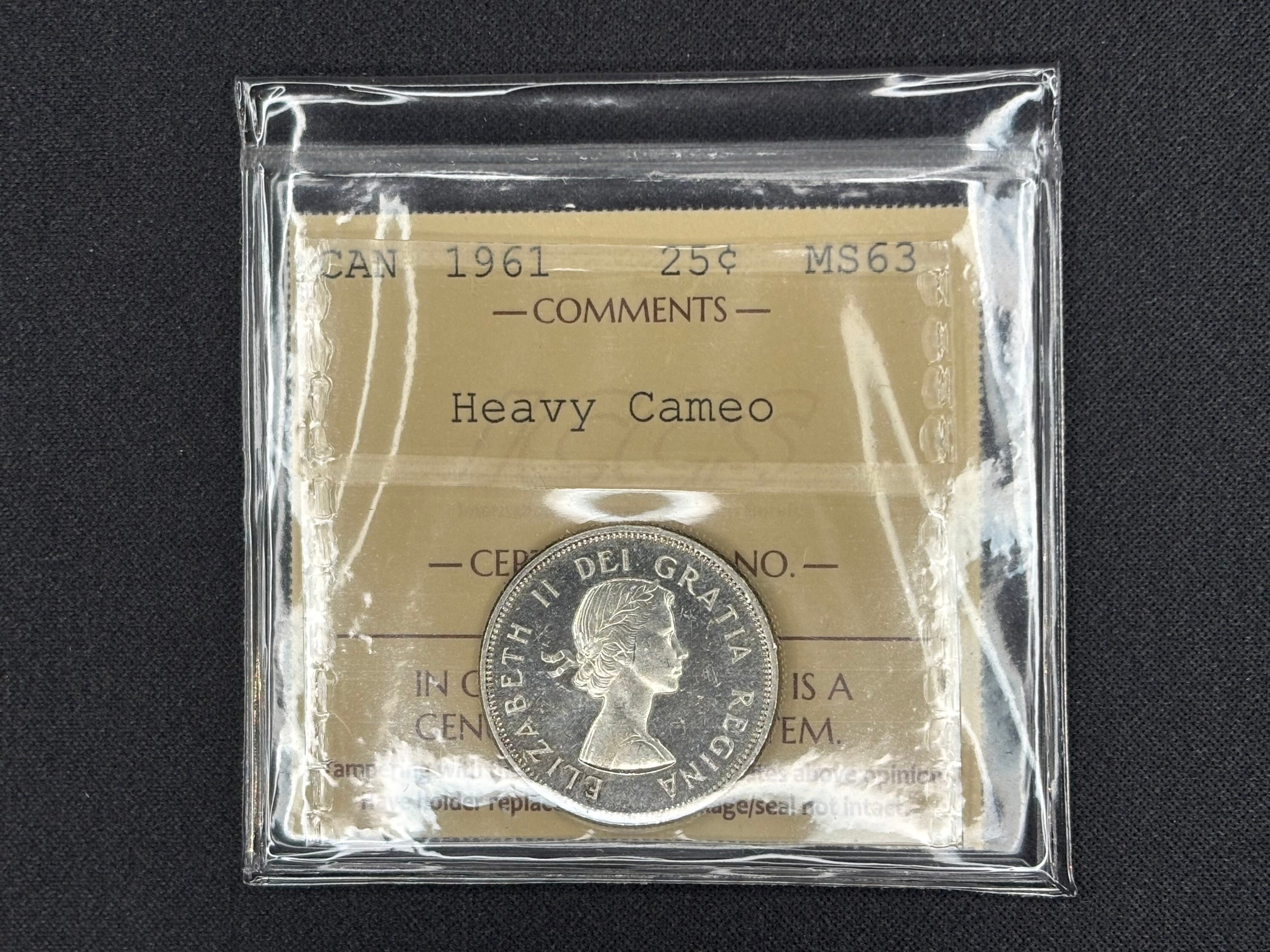 Canada Silver Coin - 25 cents - 1961 Heavy Cameo- MS63 ICCS