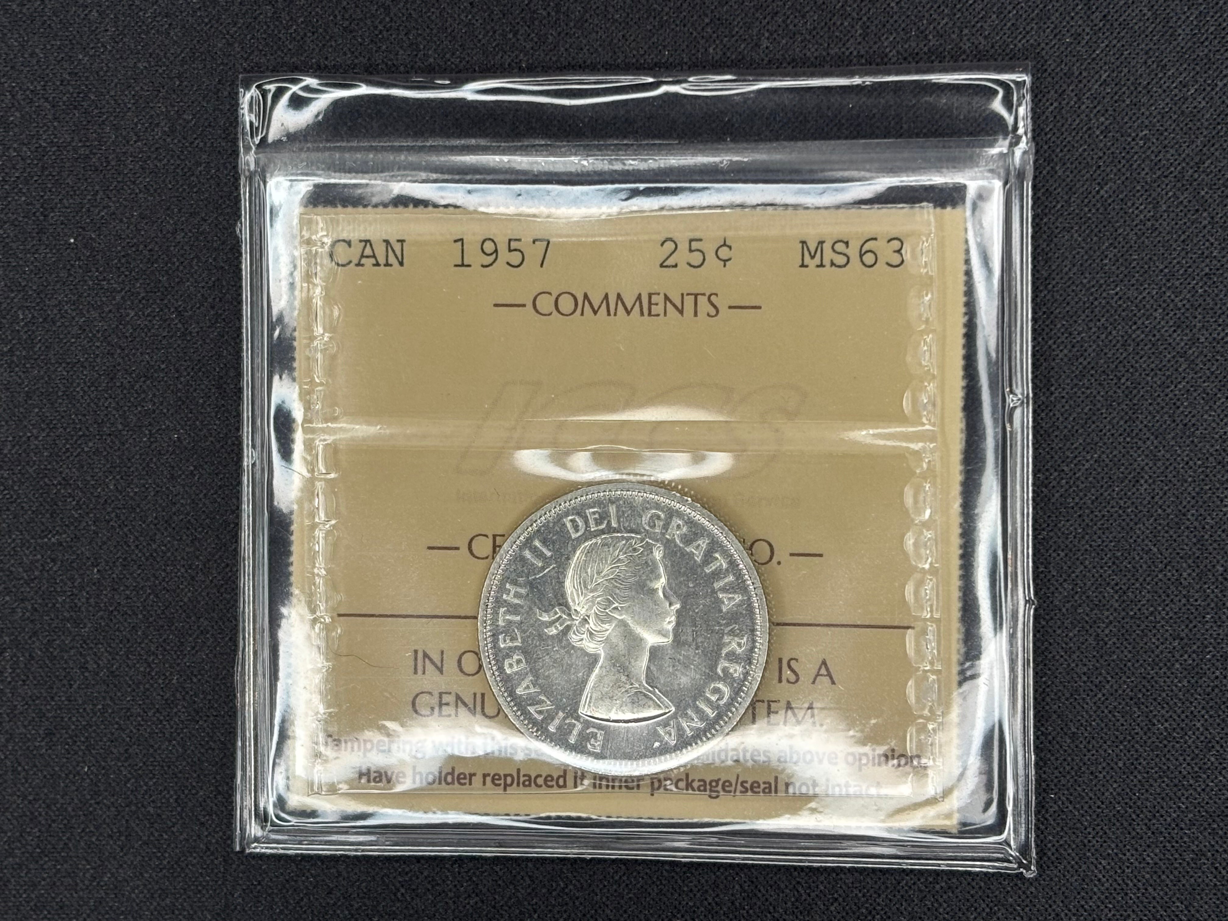Canada Silver Coin - 25 cents - 1957- MS63 ICCS